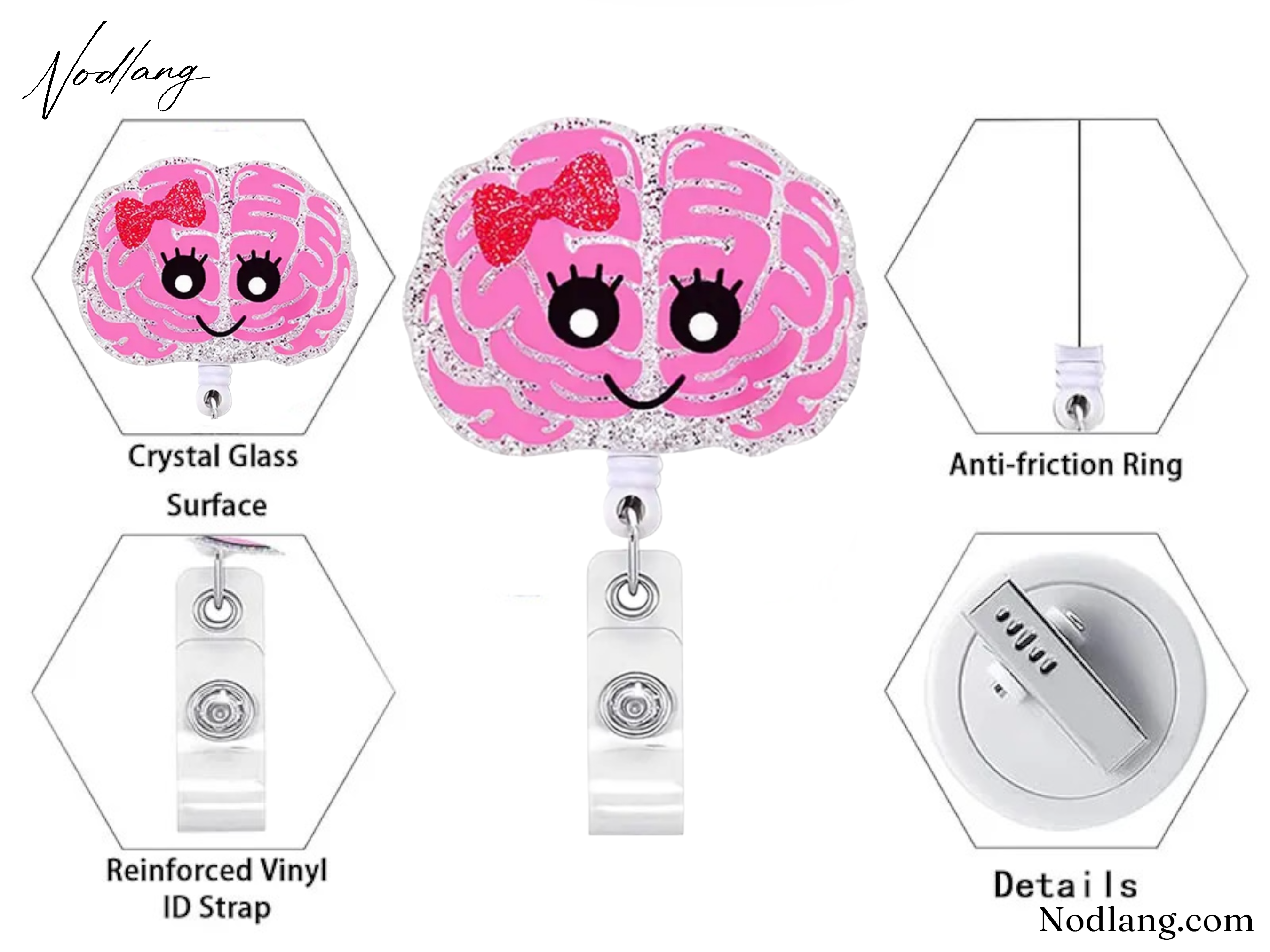 Pink Brain Retractable Badge Reel – Sparkling & Functional ID Holder for Nurses and Medical Professionals