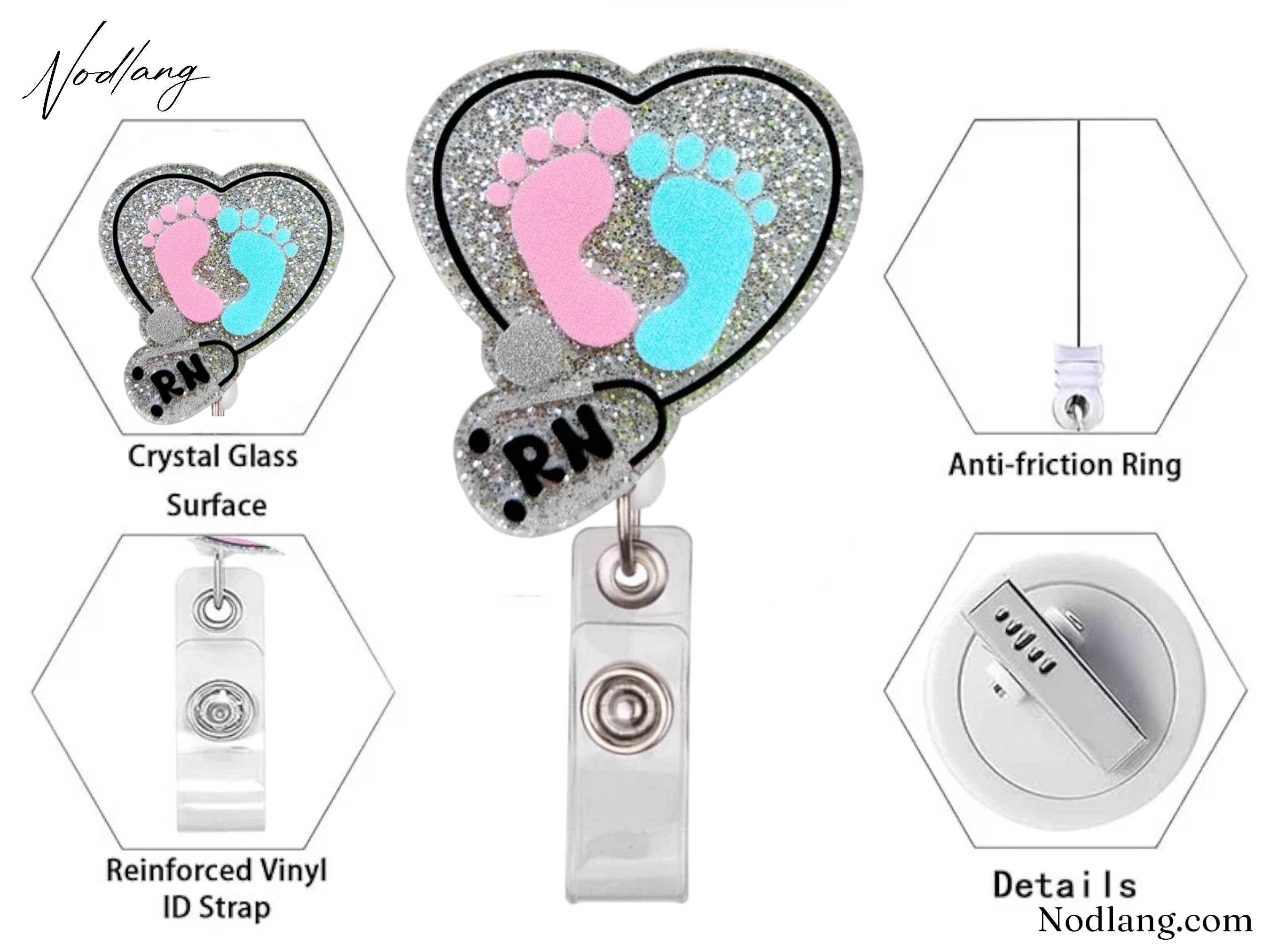 RN Baby Feet Retractable Badge Reel – Sparkling & Functional ID Holder for Nurses