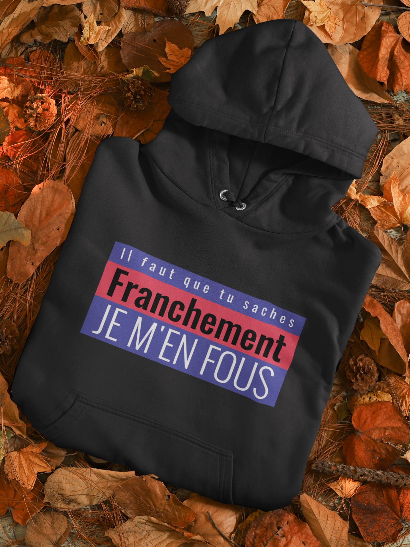Humorous T-Shirts | Light-Hearted Designs for Modern Life. 'I don't care' Hoodie (Je m'en fous)