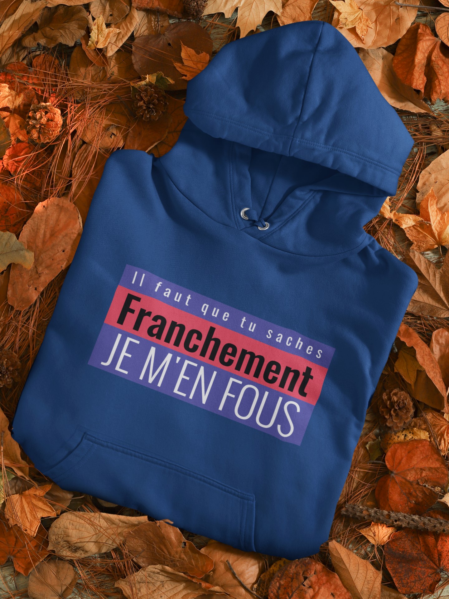 Humorous T-Shirts | Light-Hearted Designs for Modern Life. 'I don't care' Hoodie (Je m'en fous)
