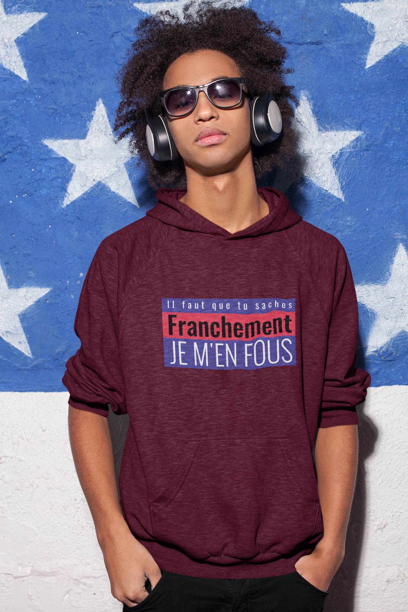 Humorous T-Shirts | Light-Hearted Designs for Modern Life. 'I don't care' Hoodie (Je m'en fous)