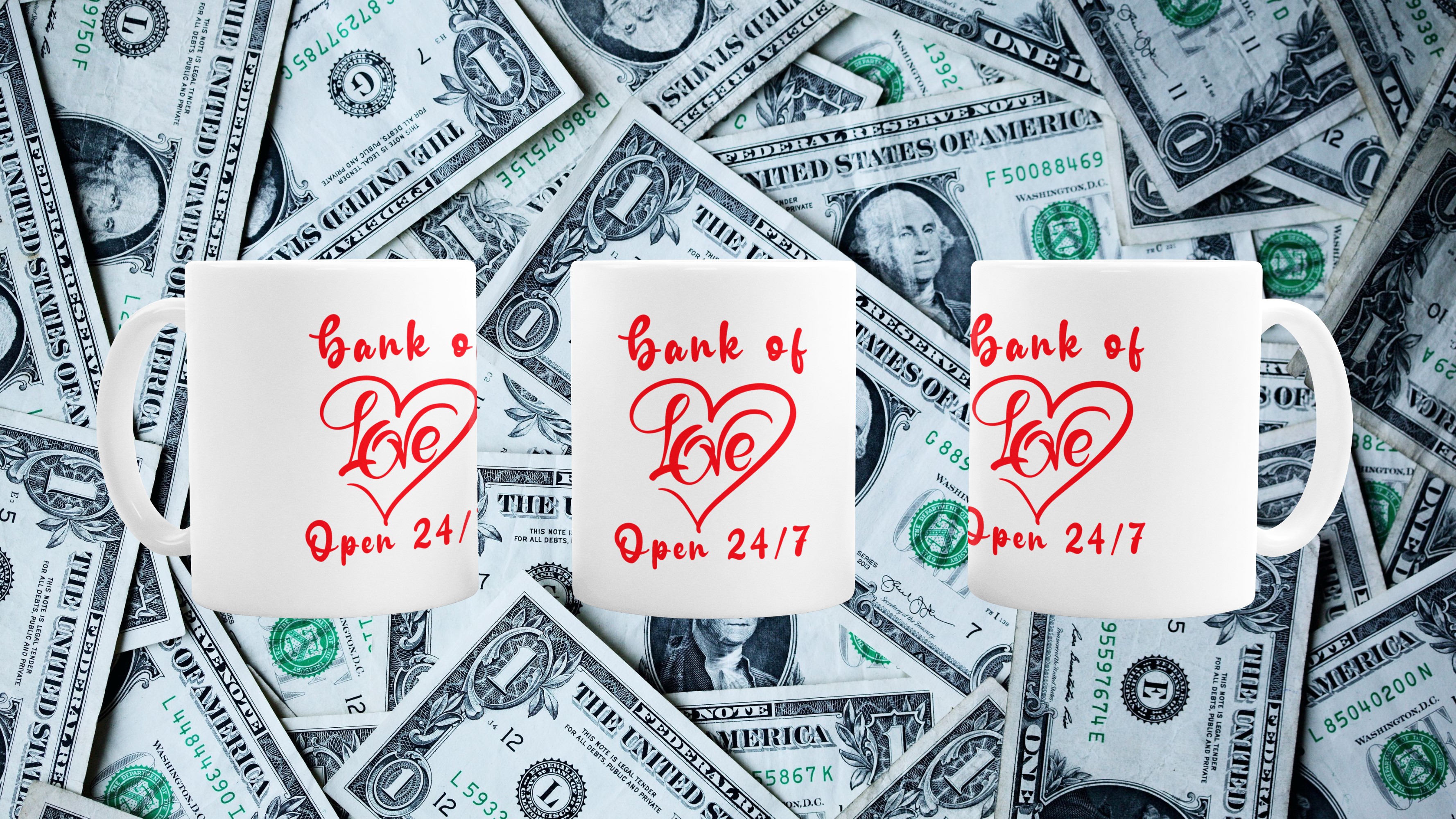 Unique and Original Mug Designs | Wide Variety of Subjects. 'Bank of Love' mug 