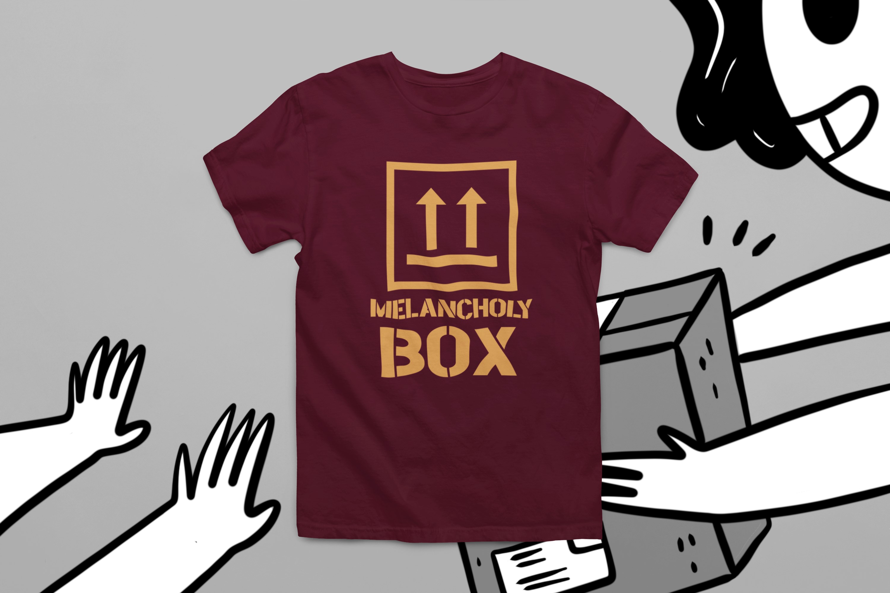 Humorous T-Shirts | Light-Hearted Designs for Modern Life. 'Melancholy box' T-shirt