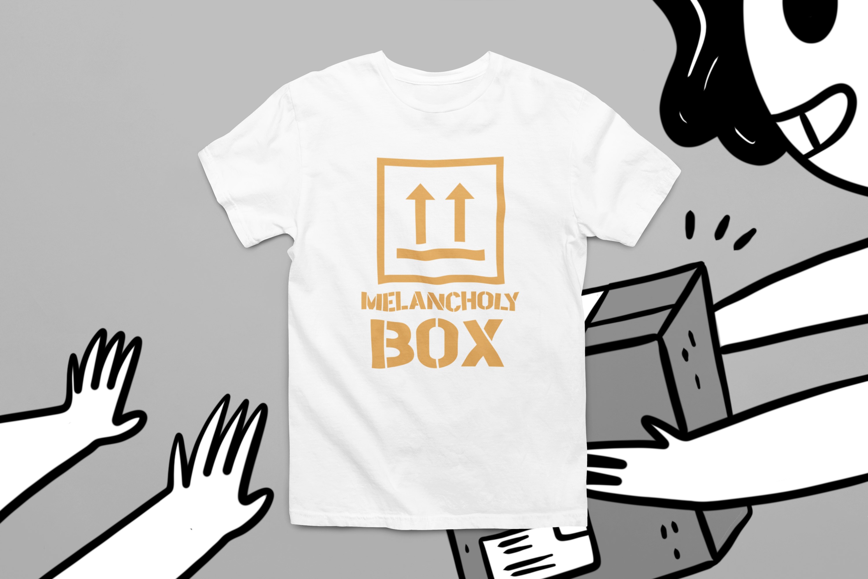 Humorous T-Shirts | Light-Hearted Designs for Modern Life. 'Melancholy box' T-shirt