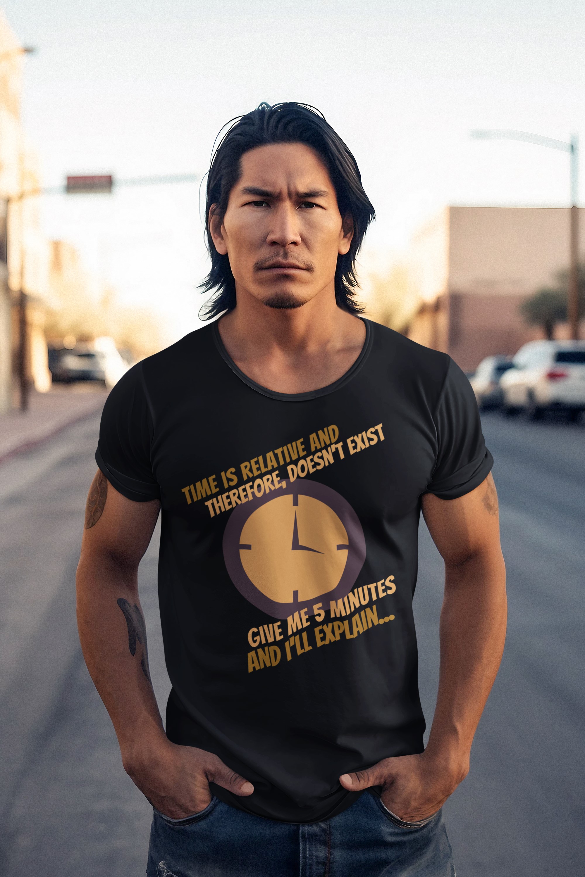 Humorous T-Shirts | Light-Hearted Designs for Modern Life. Science T-shirt 'Time doesn't exist' Brown design
