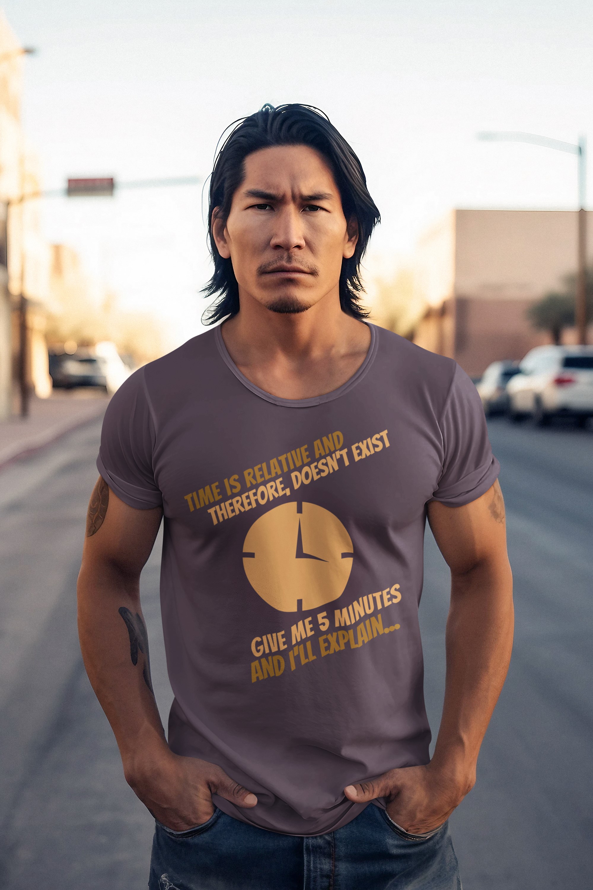 Humorous T-Shirts | Light-Hearted Designs for Modern Life. Science T-shirt 'Time doesn't exist' Brown design