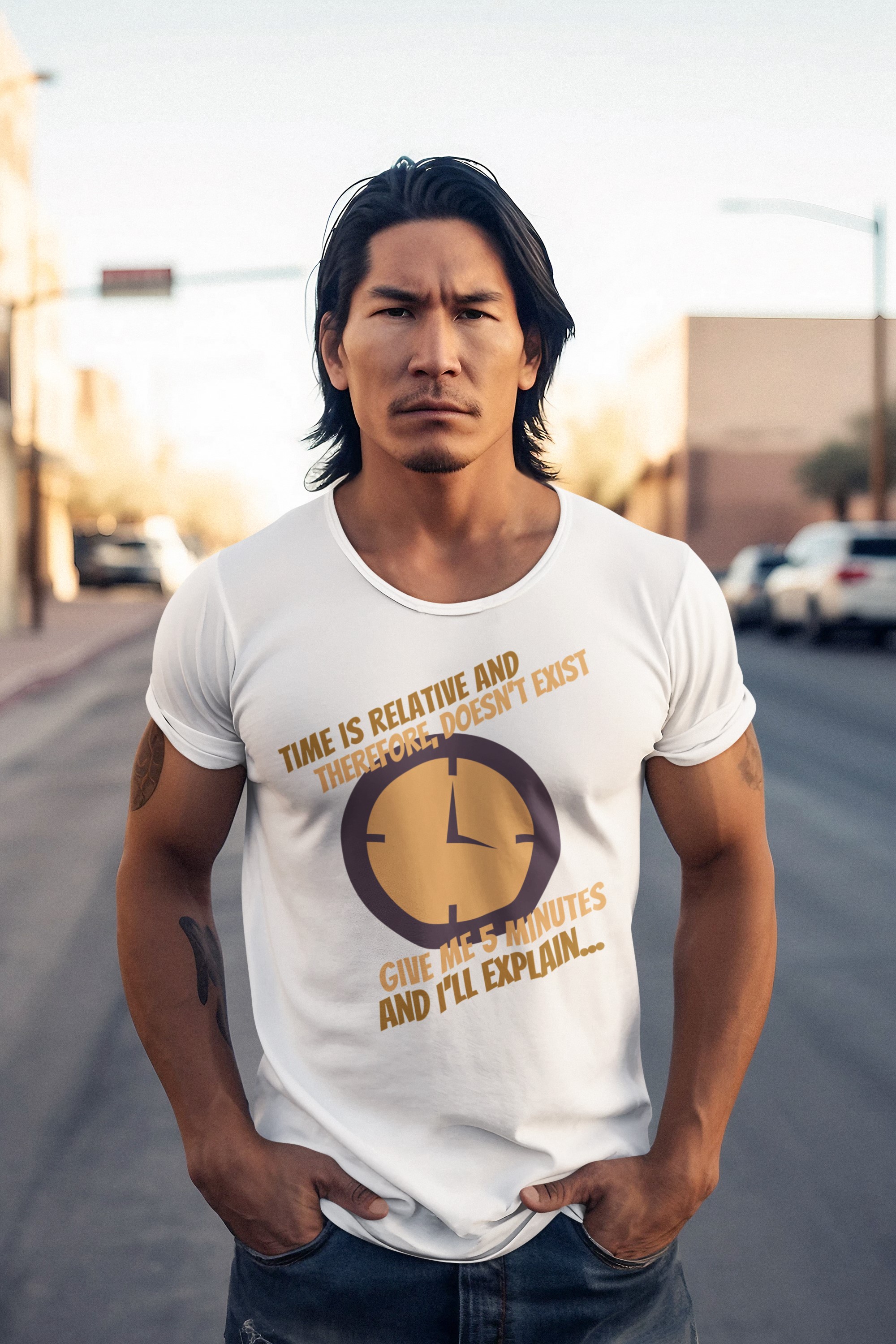 Humorous T-Shirts | Light-Hearted Designs for Modern Life. Science T-shirt 'Time doesn't exist' Brown design