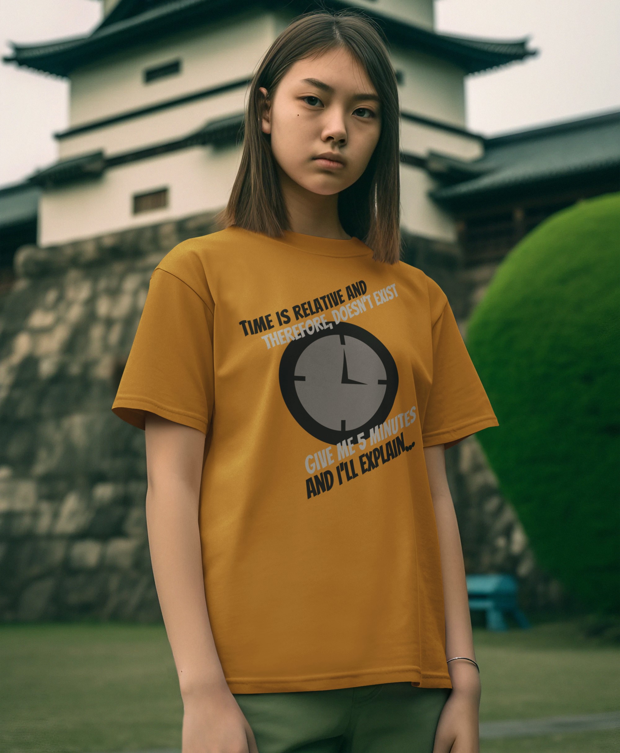 Humorous T-Shirts | Light-Hearted Designs for Modern Life. Science T-shirts 'Time doesn't exist' (Black design version)