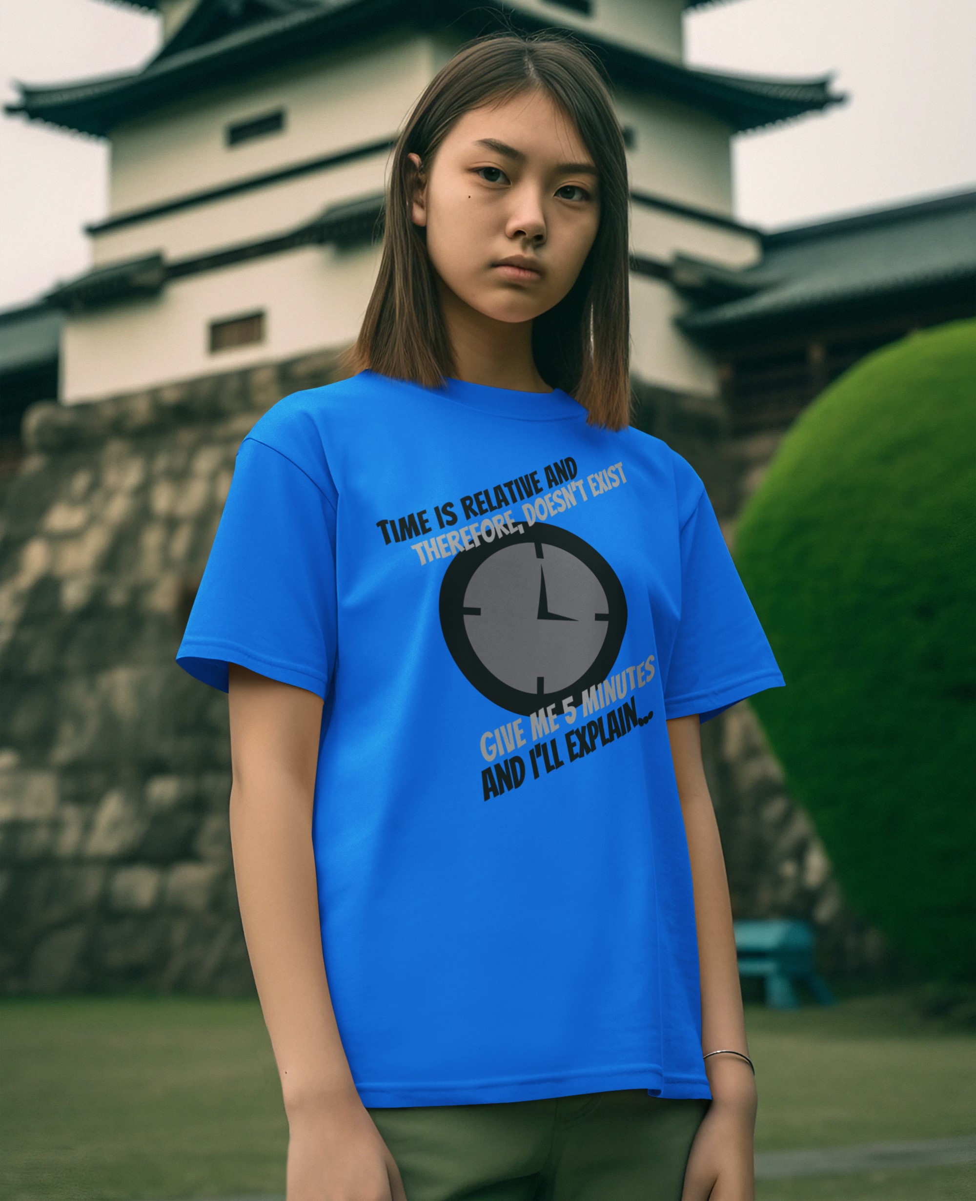 Humorous T-Shirts | Light-Hearted Designs for Modern Life. Science T-shirts 'Time doesn't exist' (Black design version)