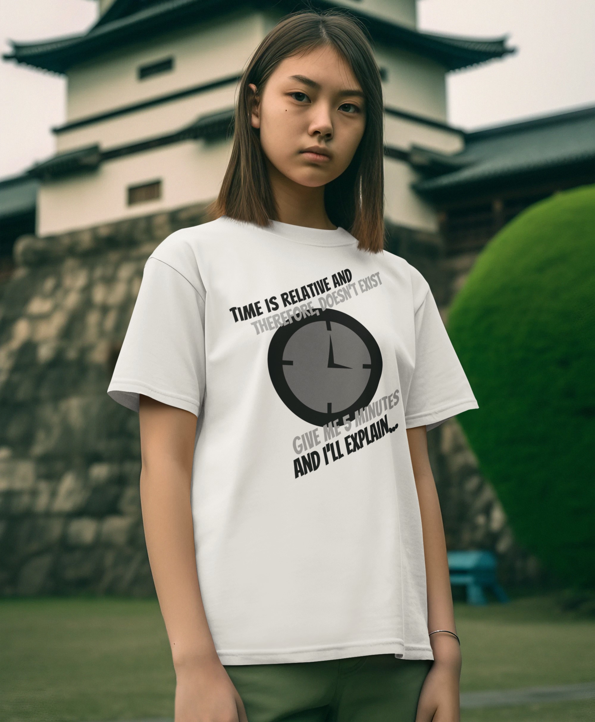 Humorous T-Shirts | Light-Hearted Designs for Modern Life. Science T-shirts 'Time doesn't exist' (Black design version)