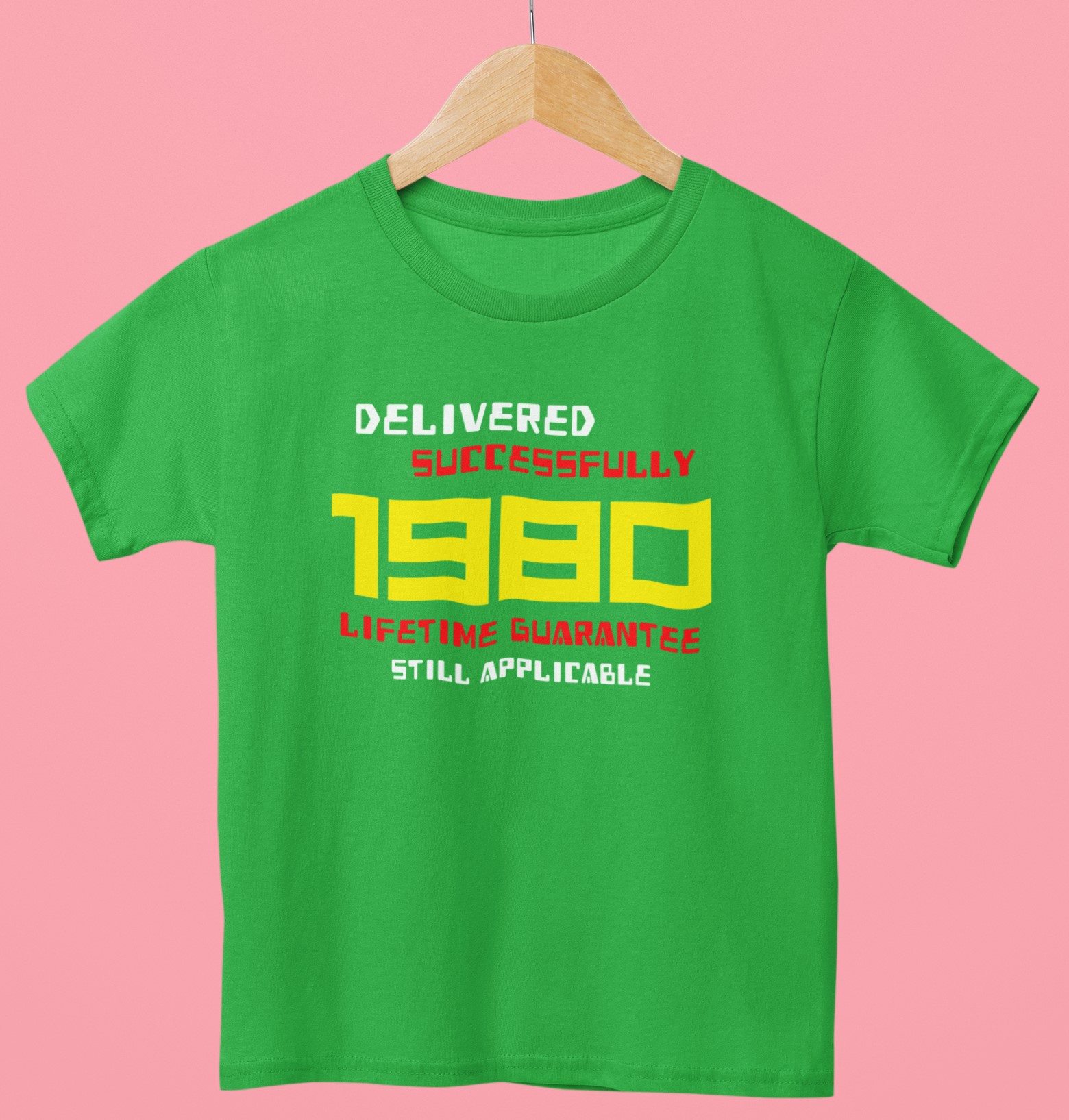 '1980 Delivered successfully, lifetime guarantee still applicable' T-Shirt for He or She. Birthday gift idea.