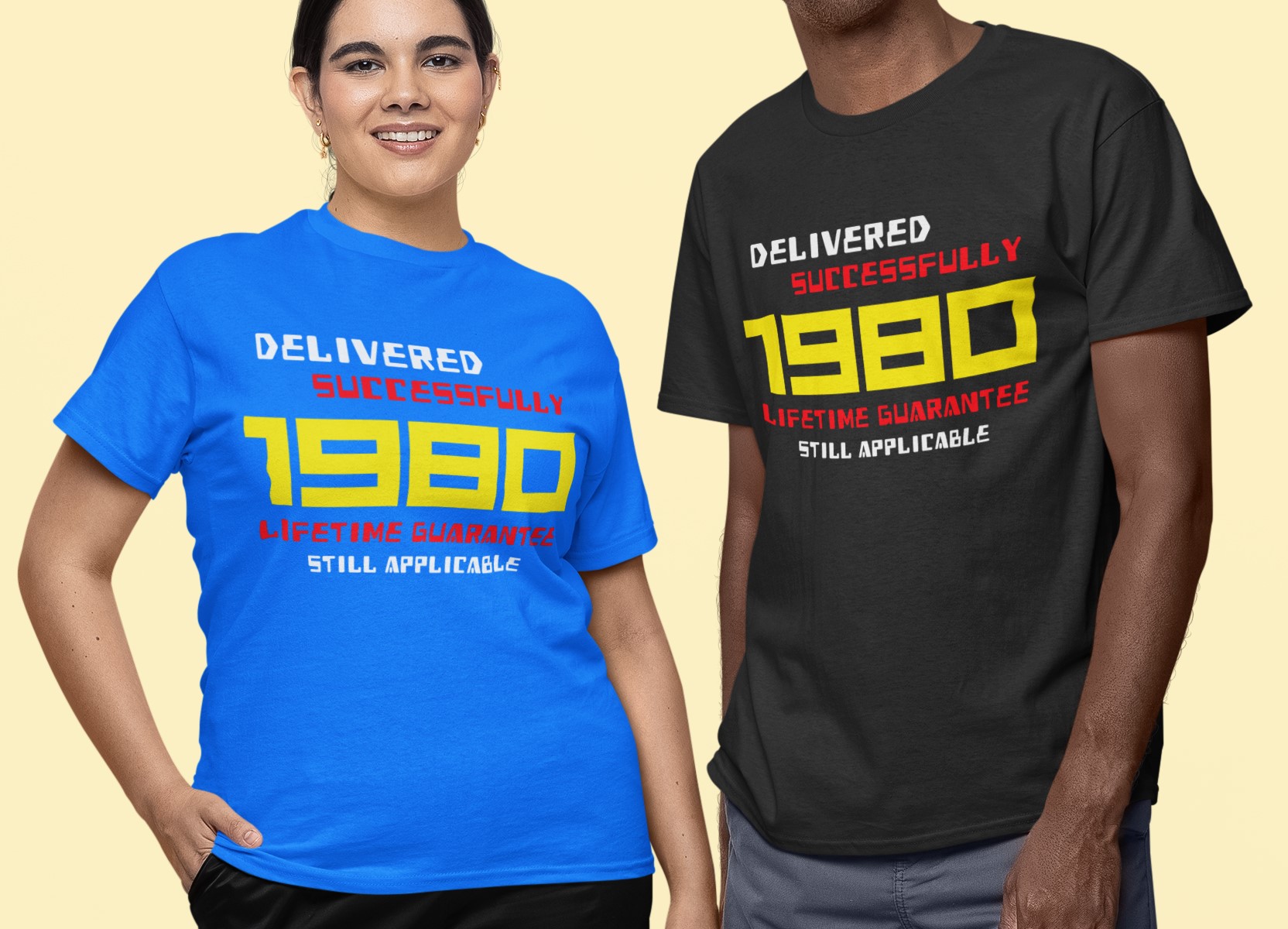 '1980 Delivered successfully, lifetime guarantee still applicable' T-Shirt for He or She. Birthday gift idea.