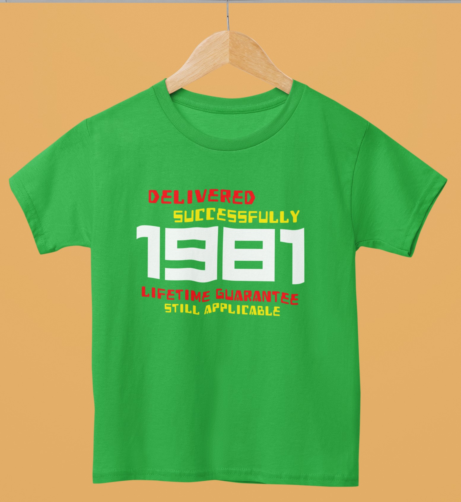 '1981 Delivered successfully, lifetime guarantee still applicable' T-Shirt for He or She. Birthday gift idea.