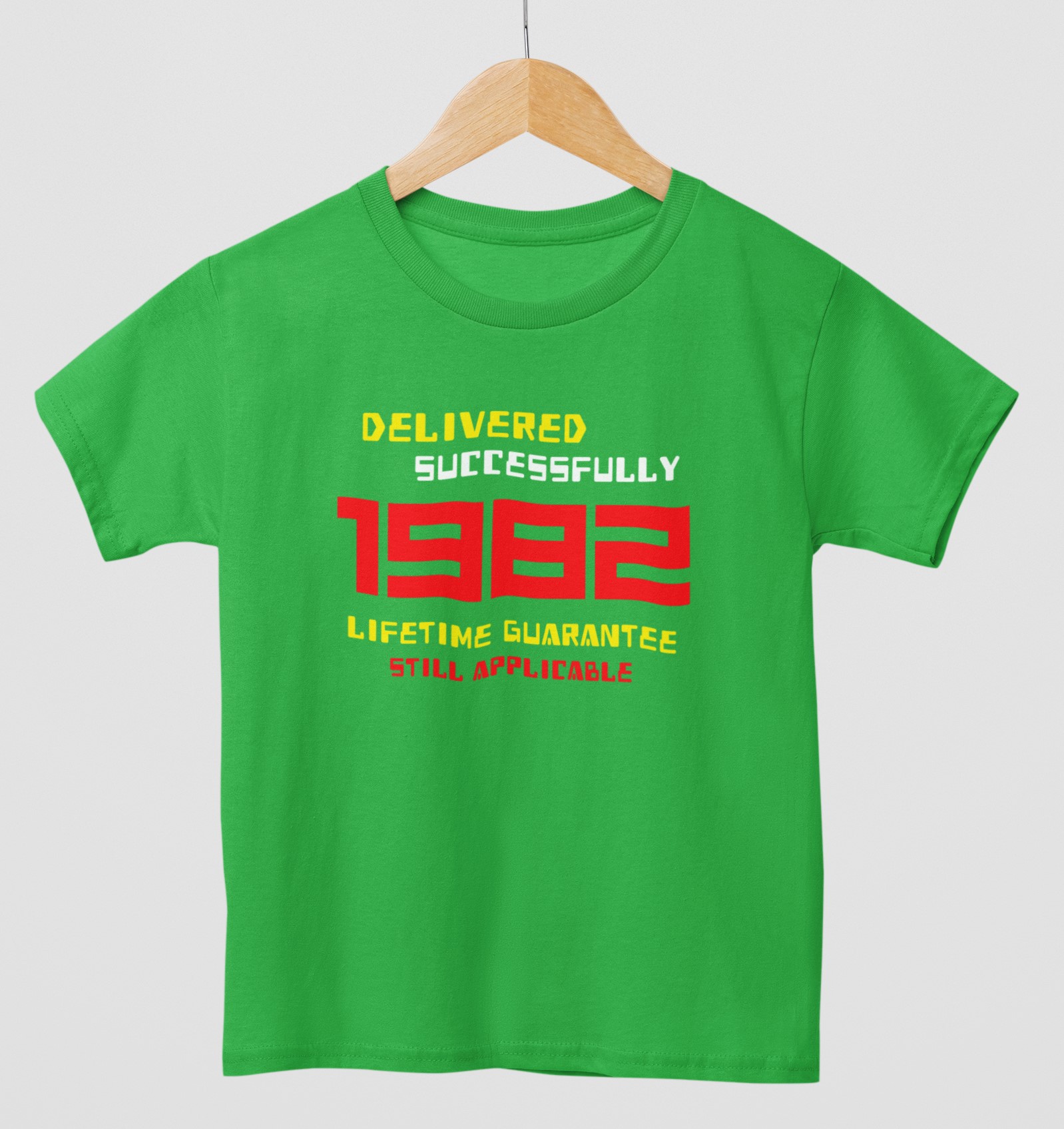 '1982 Delivered successfully, lifetime guarantee still applicable' T-Shirt for He or She. Birthday gift idea. Original designs for original minds.