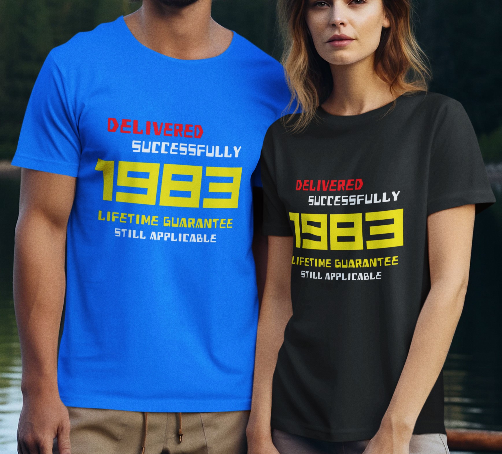 '1983 Delivered successfully, lifetime guarantee still applicable' T-Shirt for He or She. Birthday gift idea. Original designs for original minds.