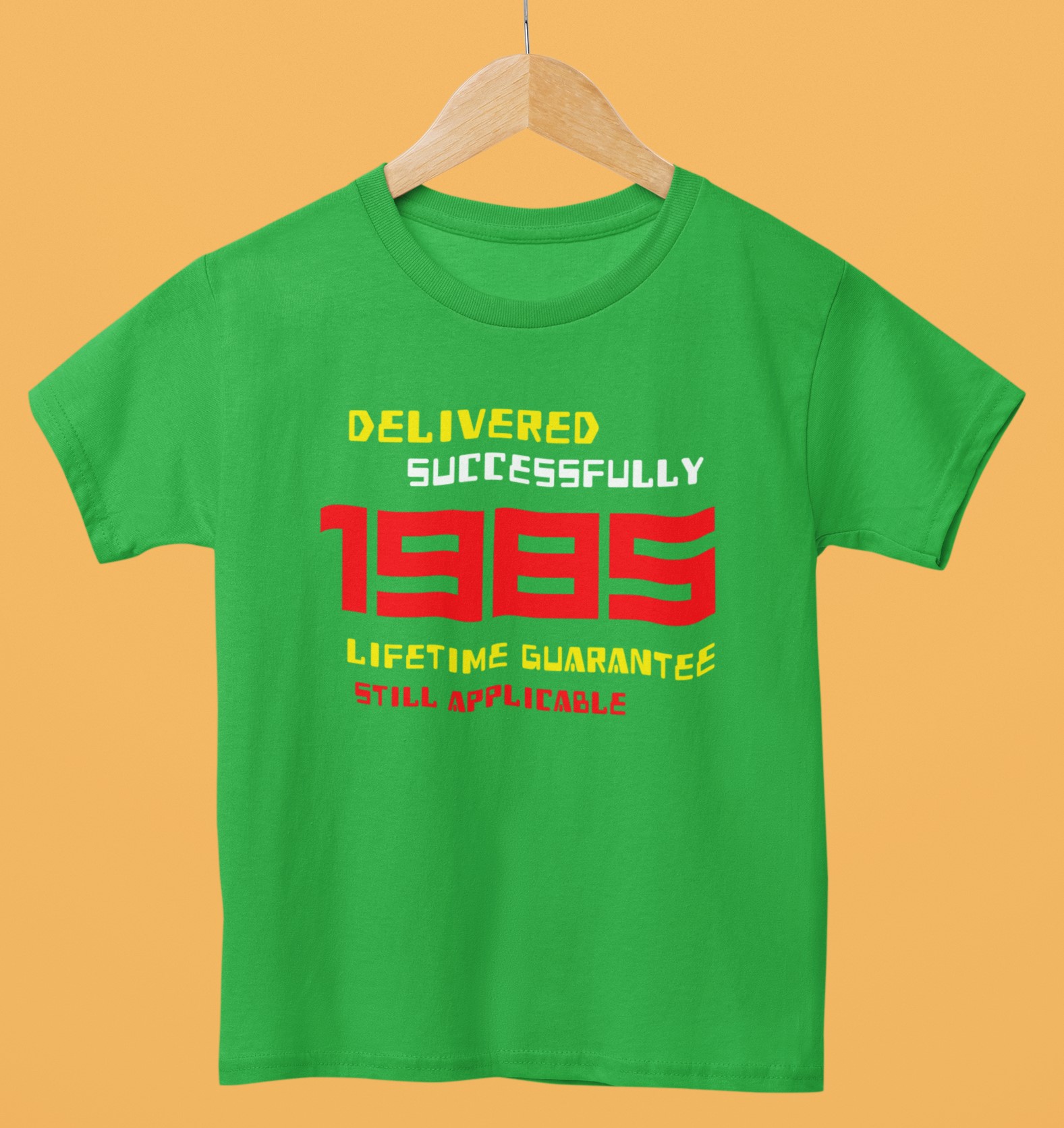 '1985 Delivered successfully, lifetime guarantee still applicable' T-Shirt for He or She. Birthday Gift Idea. Original designs for original minds.