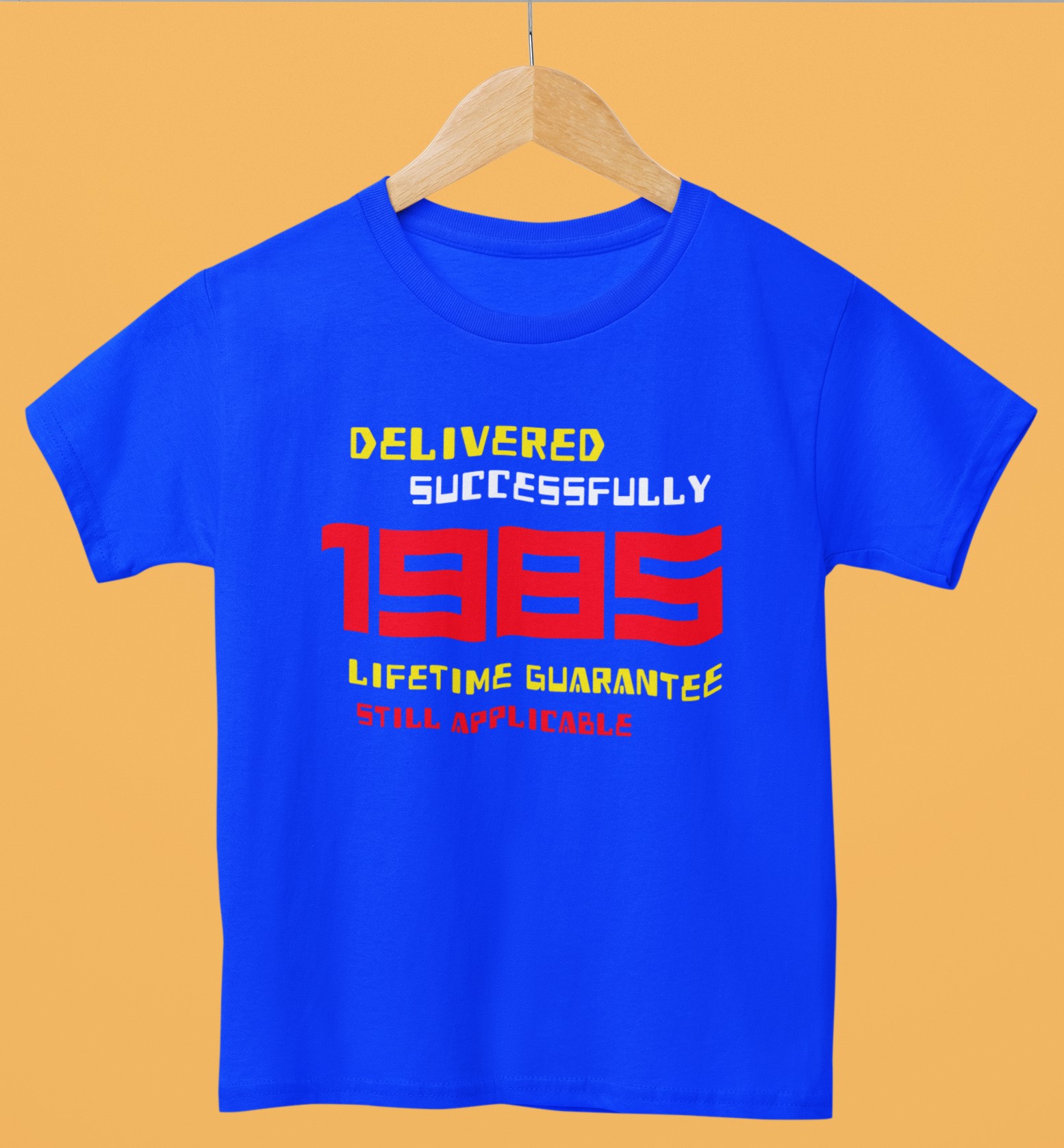 '1985 Delivered successfully, lifetime guarantee still applicable' T-Shirt for He or She. Birthday Gift Idea. Original designs for original minds.