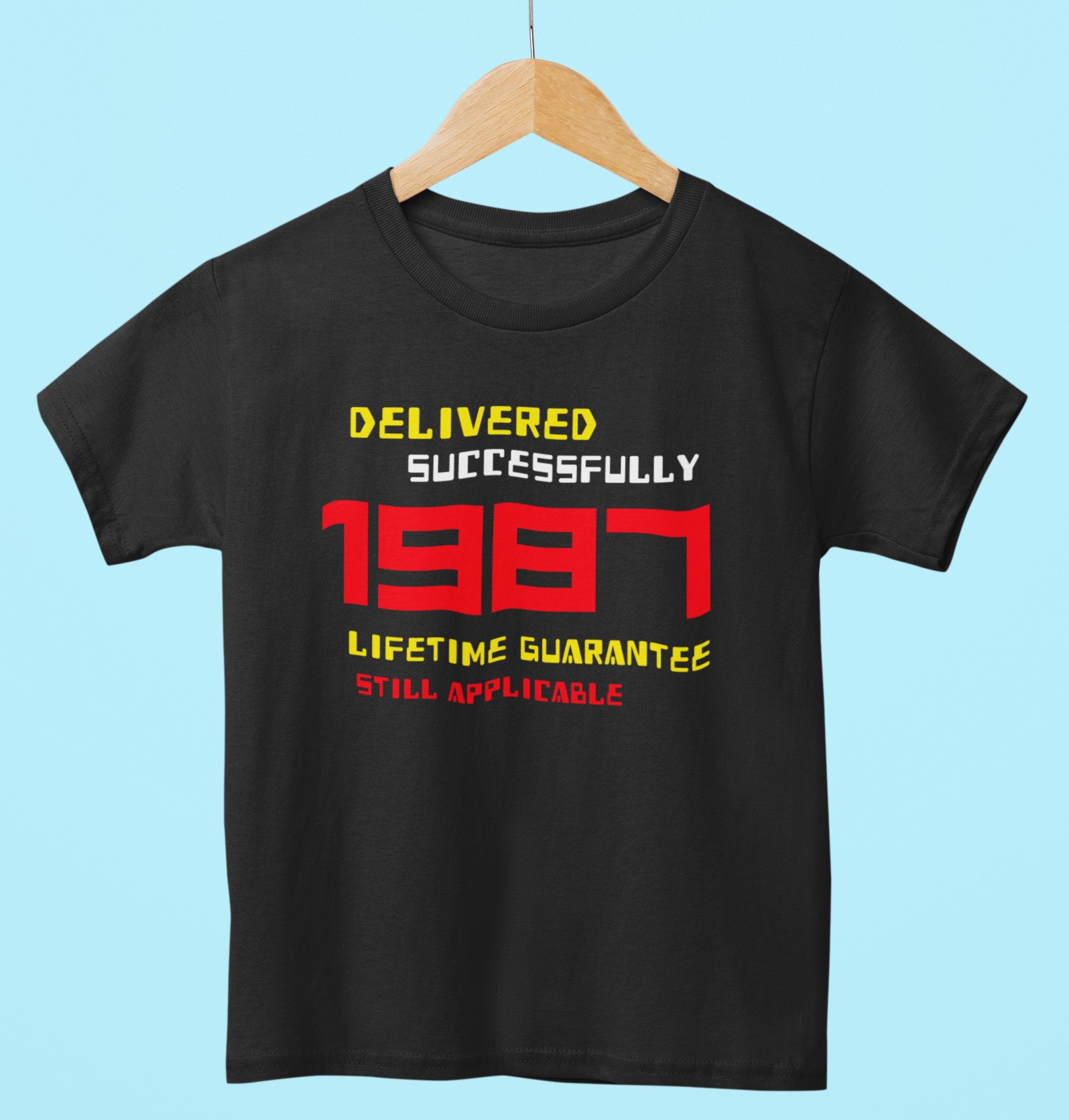 '1987 Delivered successfully, lifetime guarantee still applicable' T-Shirt for He or She. Birthday gift idea. Original designs for original minds.