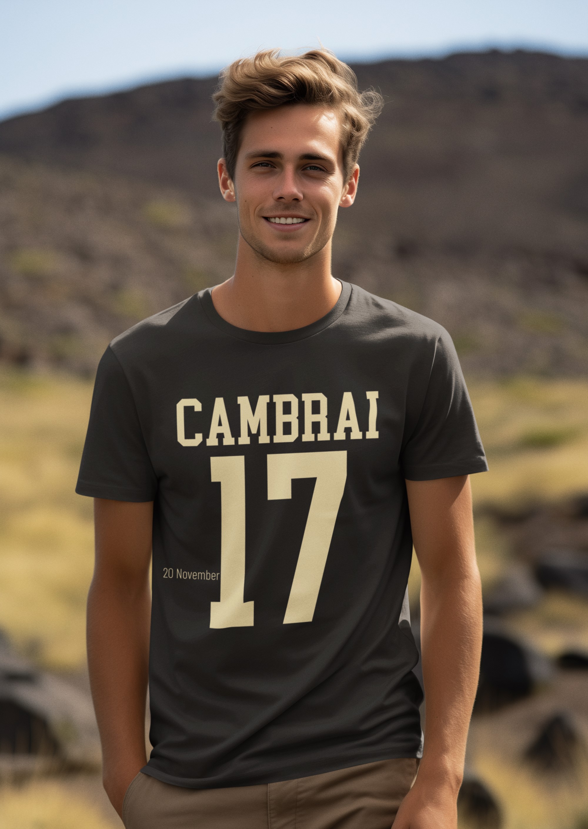 WW1 commemorative T-shirt featuring title date and year of battle. Cambrai 20 November 1917. Original designs for original minds.