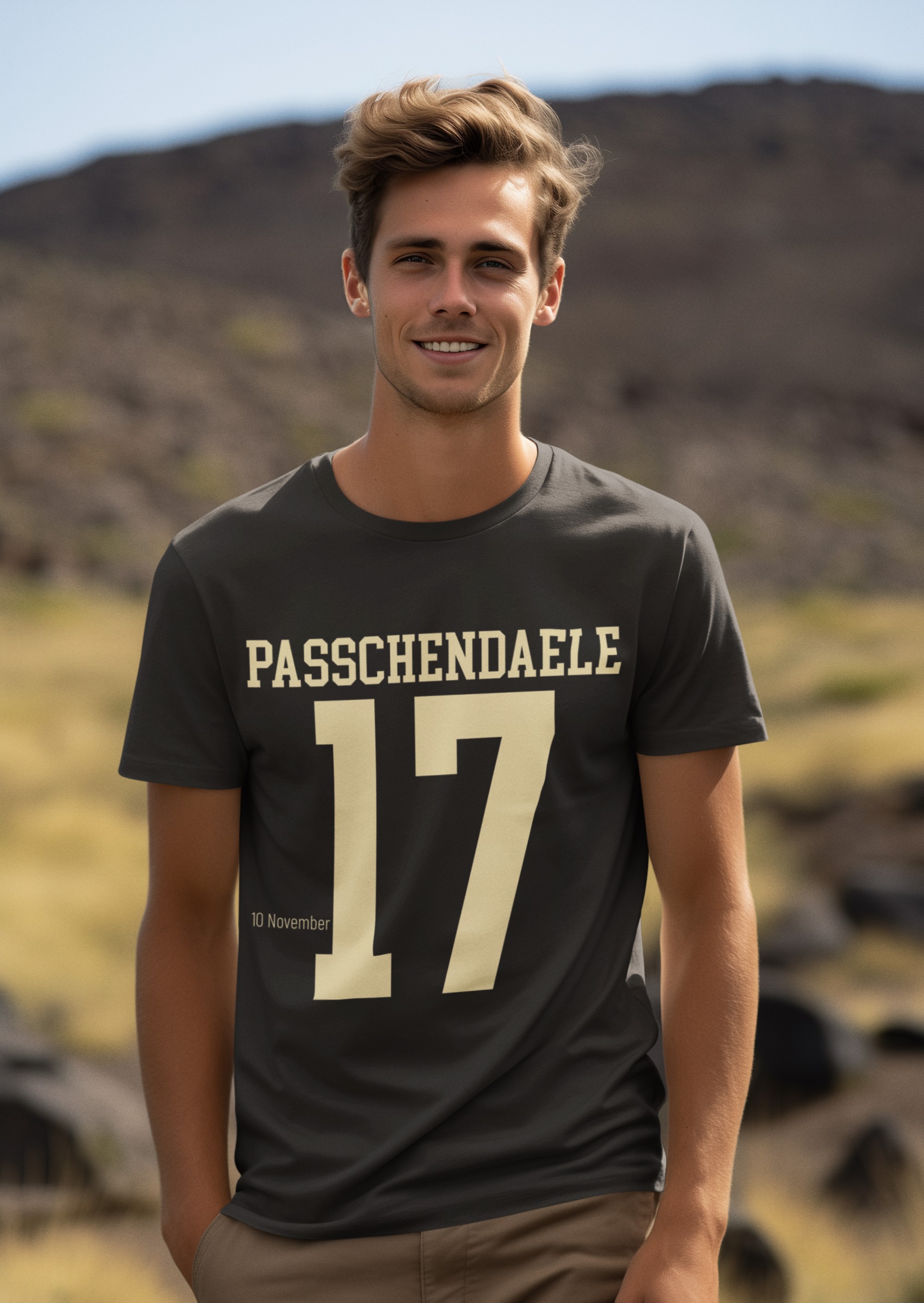 WW1 commemorative T-shirt featuring title date and year of battle. Passchendaele 10 November 1917. Original designs for original minds.