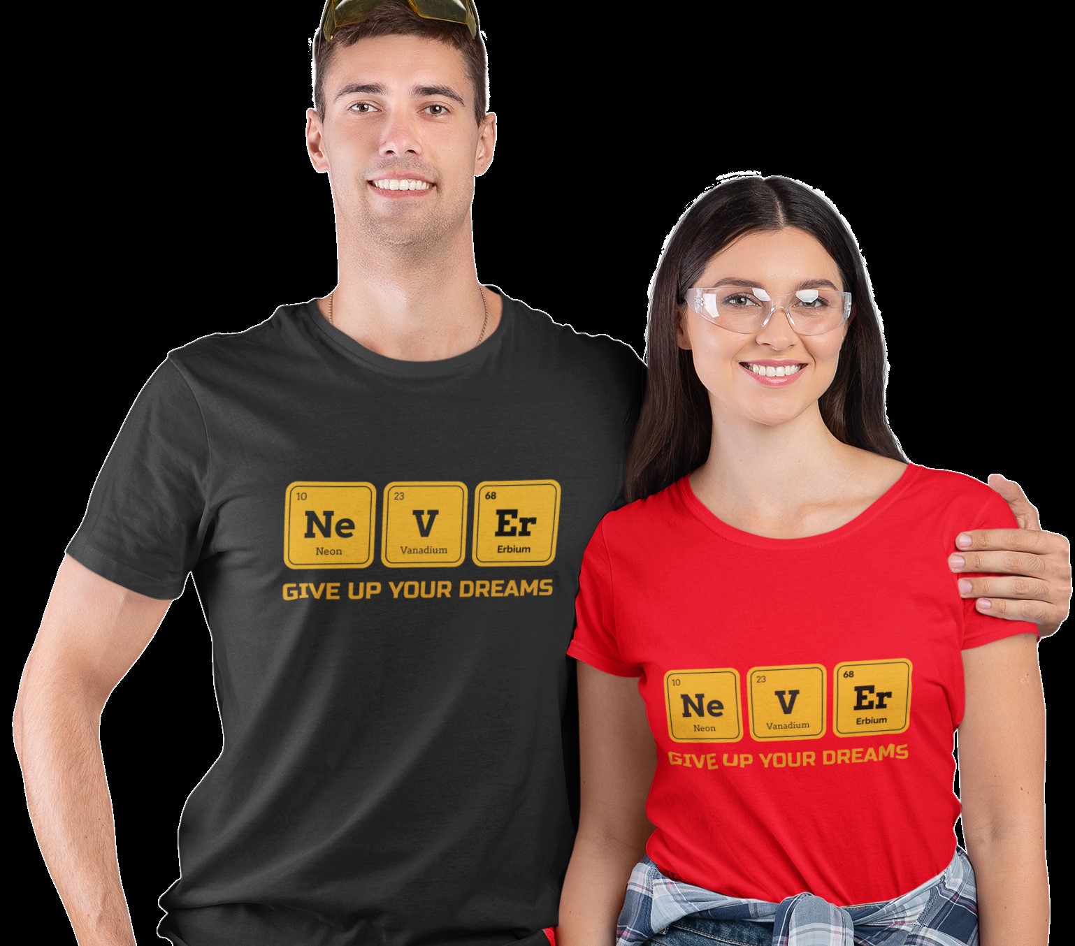 Periodic Table 'NEVER' T-shirts. Two different slogans, 'Never stop trying' and 'Never give up your dreams'. Original designs for original minds.