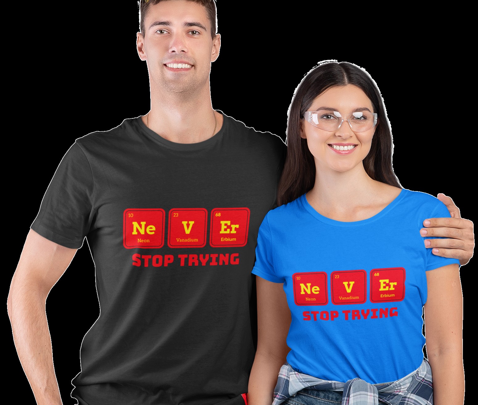 Periodic Table 'NEVER' T-shirts. Two different slogans, 'Never stop trying' and 'Never give up your dreams'. Original designs for original minds.