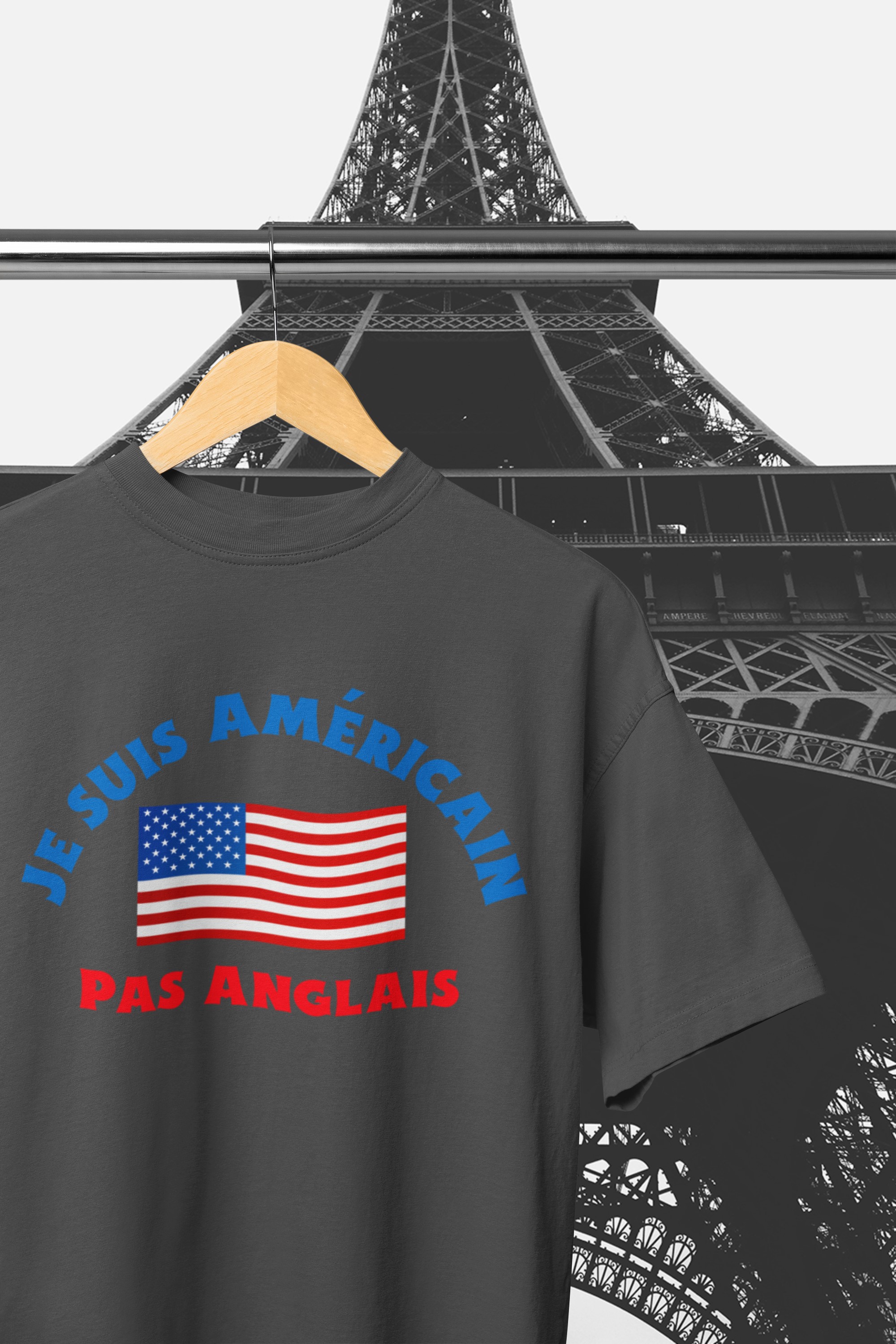 I'm American not English T-Shirt. Fun, helpful aid whilst in France or in a French speaking country.