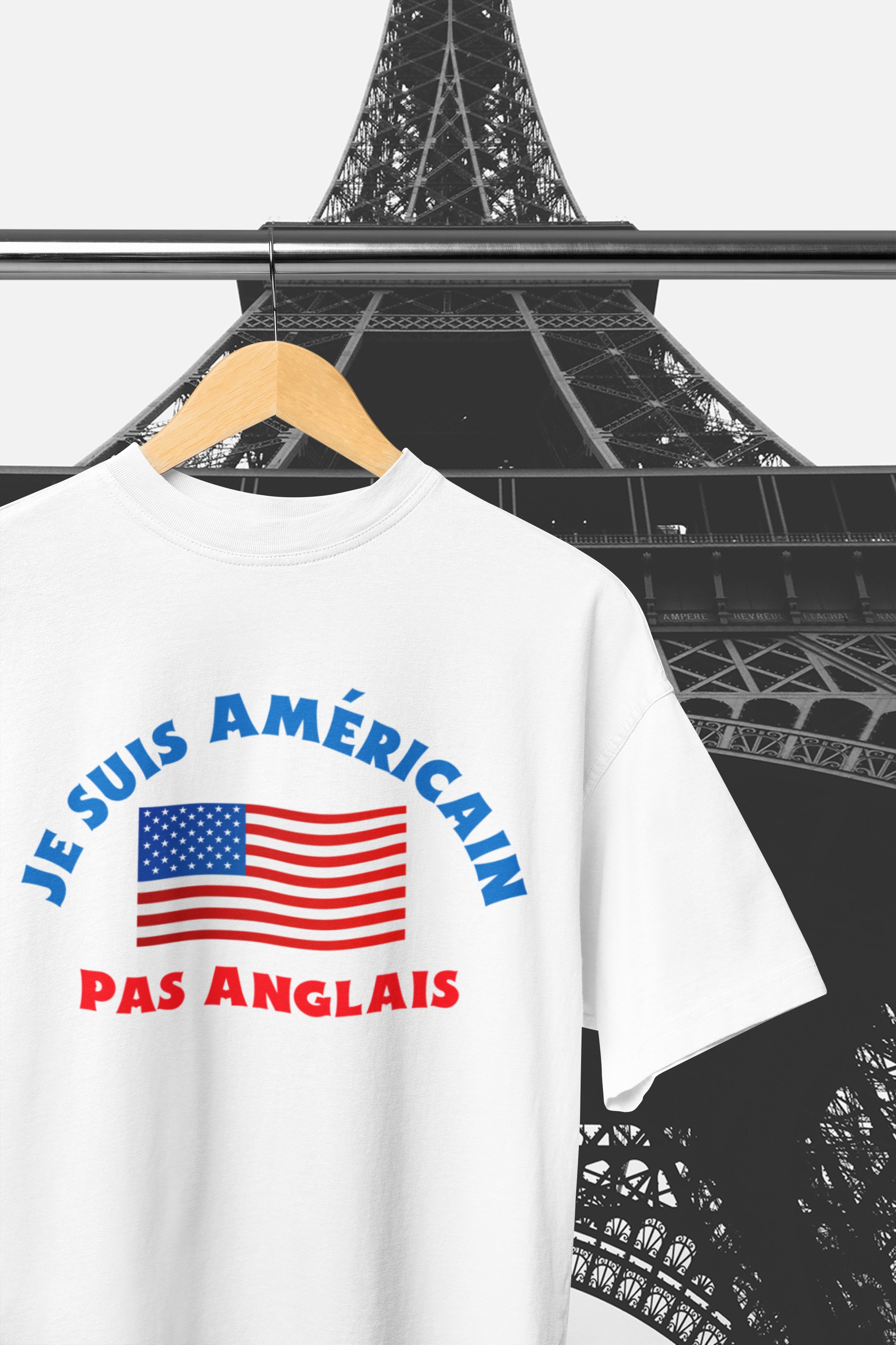 I'm American not English T-Shirt. Fun, helpful aid whilst in France or in a French speaking country.