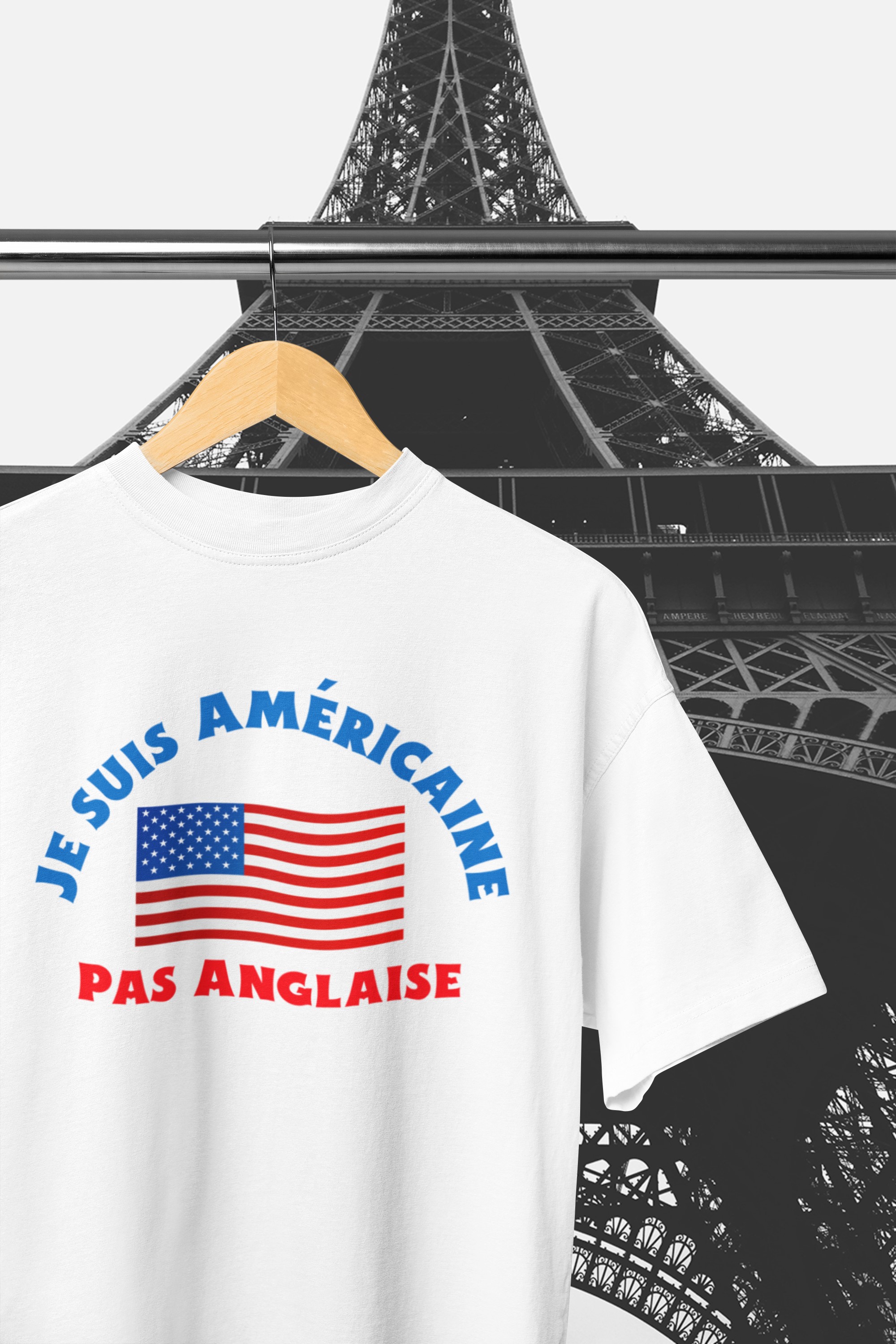 I'm American not English T-Shirt. Fun, helpful aid whilst in France or in a French speaking country.