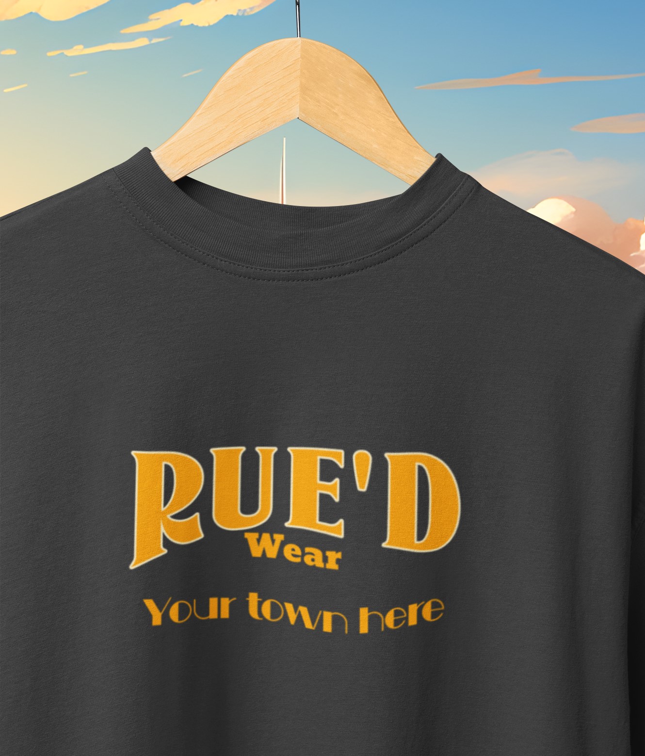 'Rue'd Wear' ADD YOUR TOWN T-Shirt. Unique streetwear. Original designs for original minds.  Rue is the French word for street and here we have created a range dedicated to the street. 
