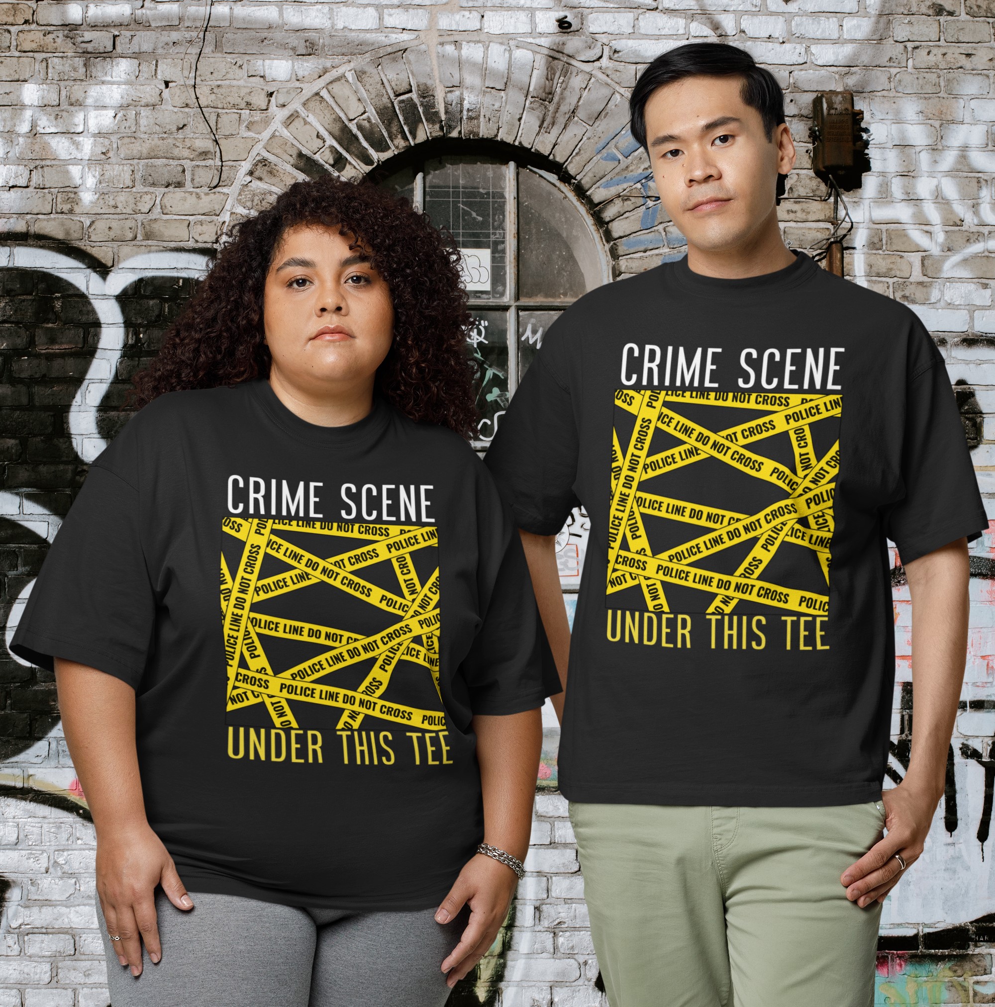 'Crime scene under this tee' T-shirt. Fun, humorous design. Original designs for original minds.