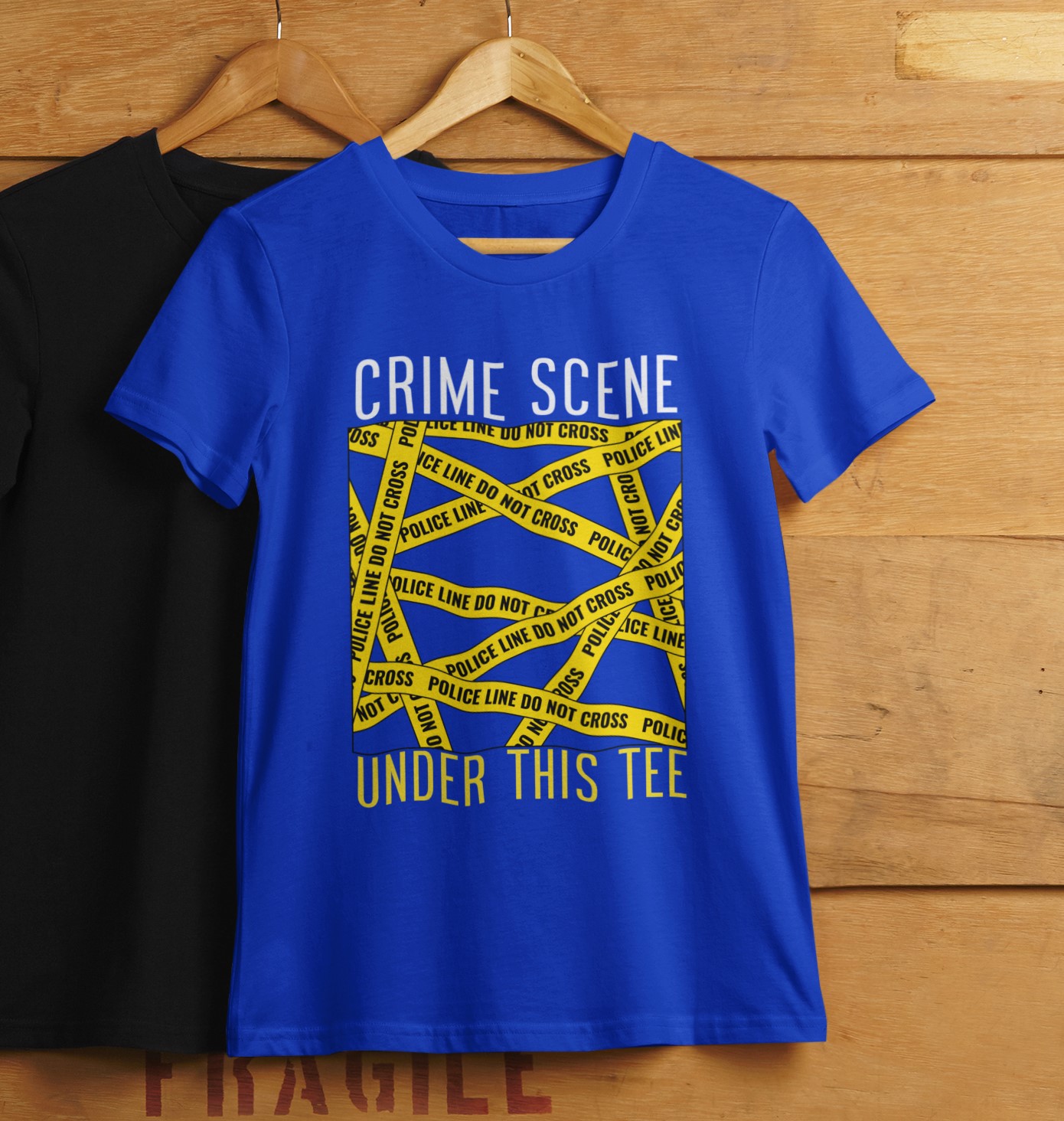 'Crime scene under this tee' T-shirt. Fun, humorous design. Original designs for original minds.