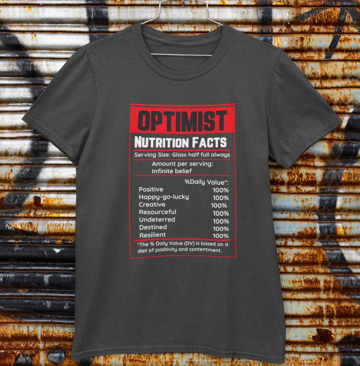 'Optimist' Nutritional facts style T-Shirt. For the Glass half full person in your life. Original designs for original minds.