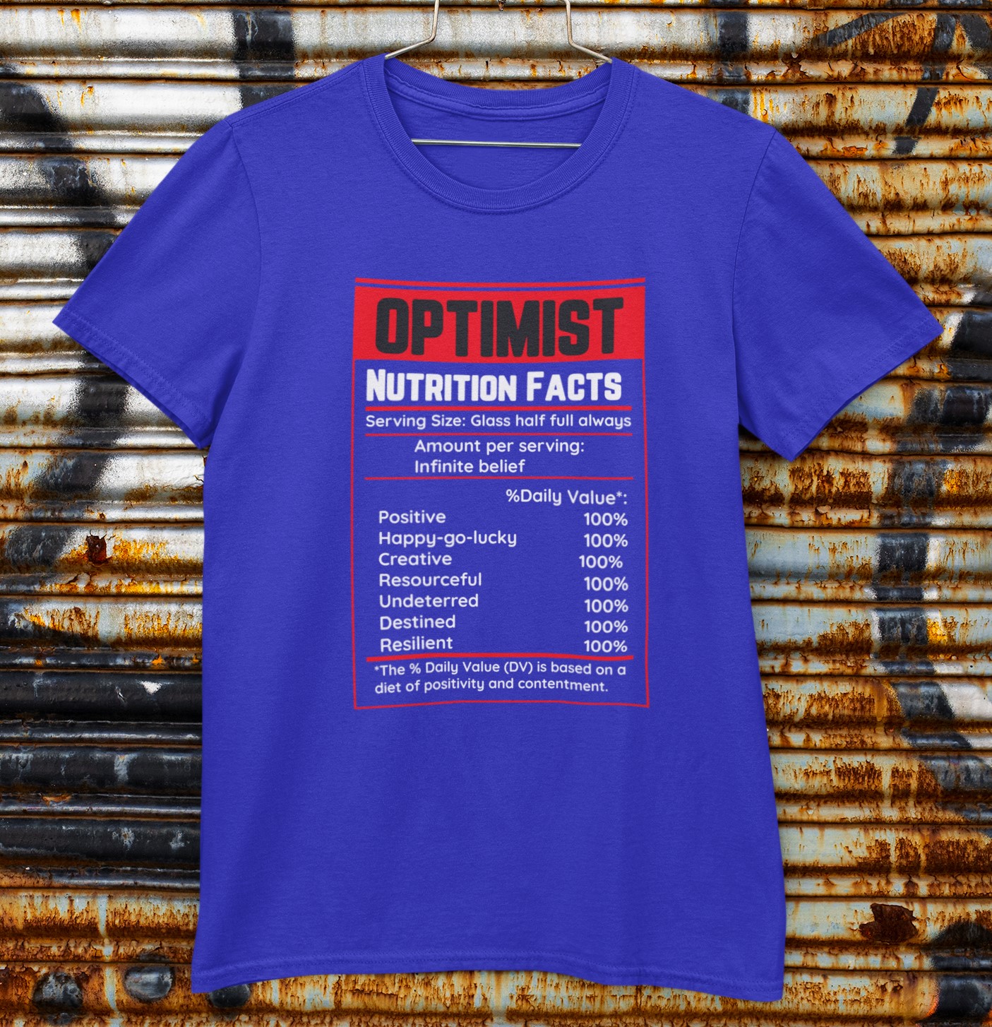 'Optimist' Nutritional facts style T-Shirt. For the Glass half full person in your life. Original designs for original minds.