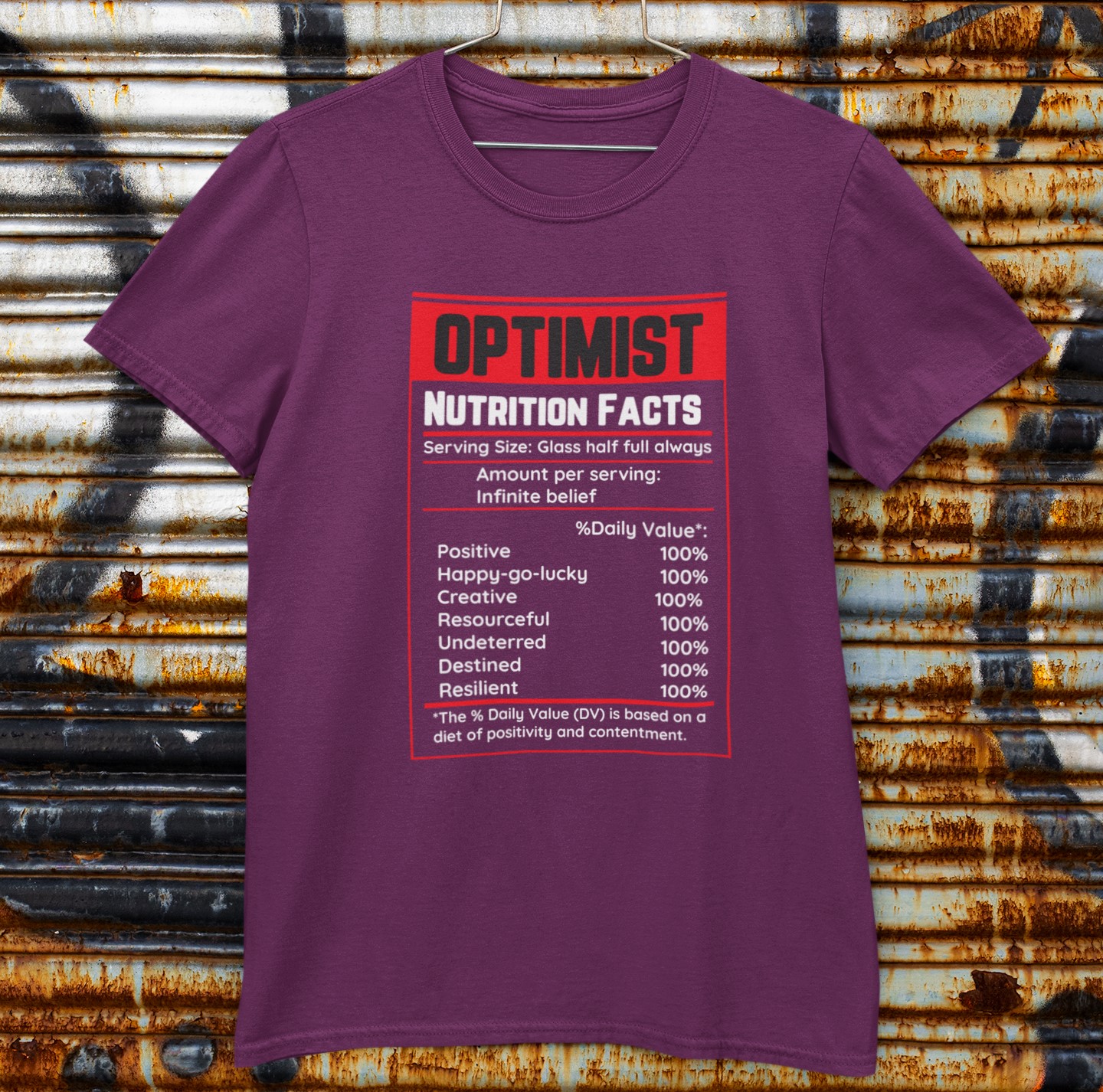'Optimist' Nutritional facts style T-Shirt. For the Glass half full person in your life. Original designs for original minds.