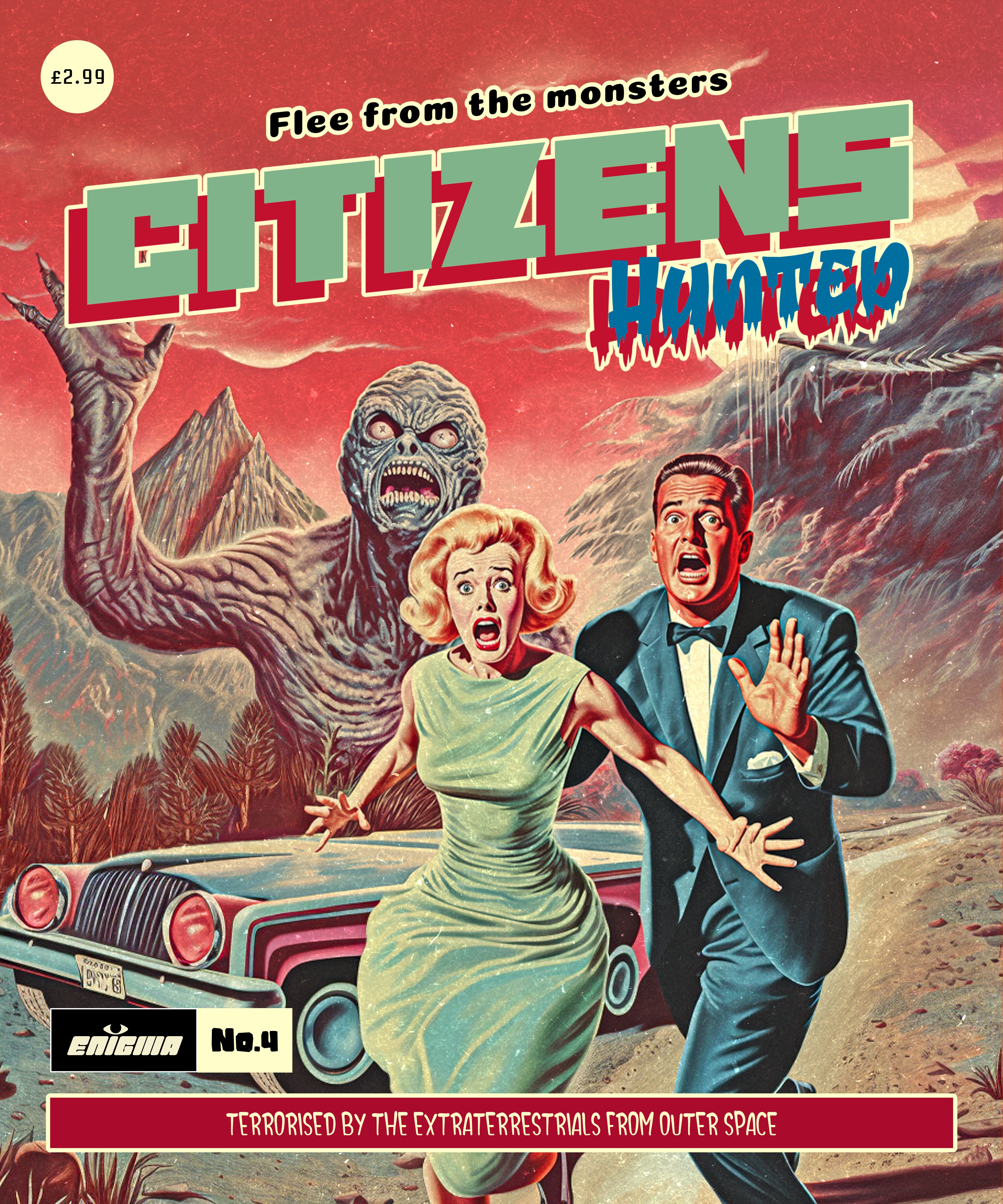 Sci-Fi, Horror, fantasy inspired Comic style posters 'Incredible Voyage', 'Alien Attack', 'Space Commandos' and 'Citizens hunted'.