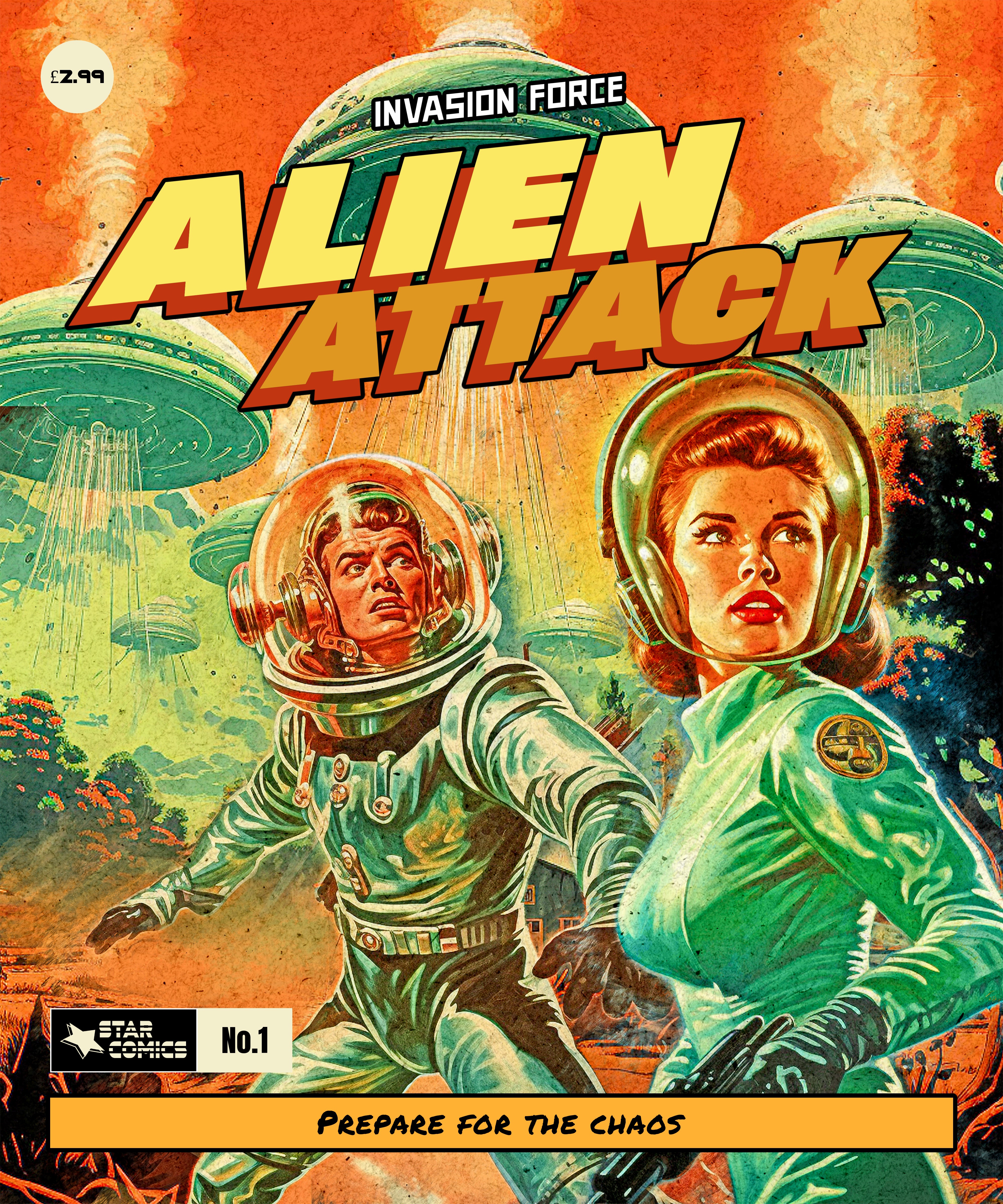 Sci-Fi, Horror, fantasy inspired Comic style posters 'Incredible Voyage', 'Alien Attack', 'Space Commandos' and 'Citizens hunted'.