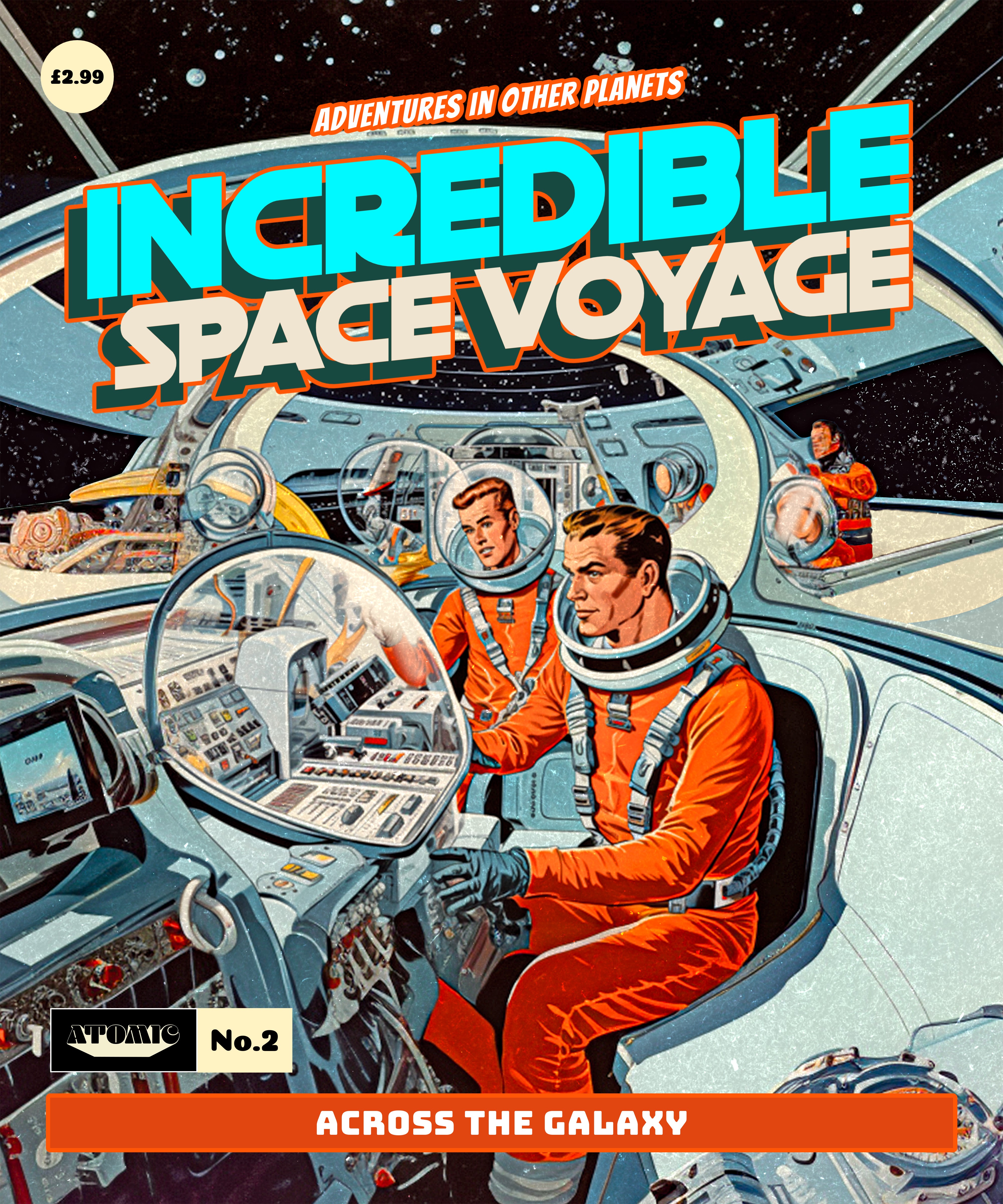 Sci-Fi, Horror, fantasy inspired Comic style posters 'Incredible Voyage', 'Alien Attack', 'Space Commandos' and 'Citizens hunted'.