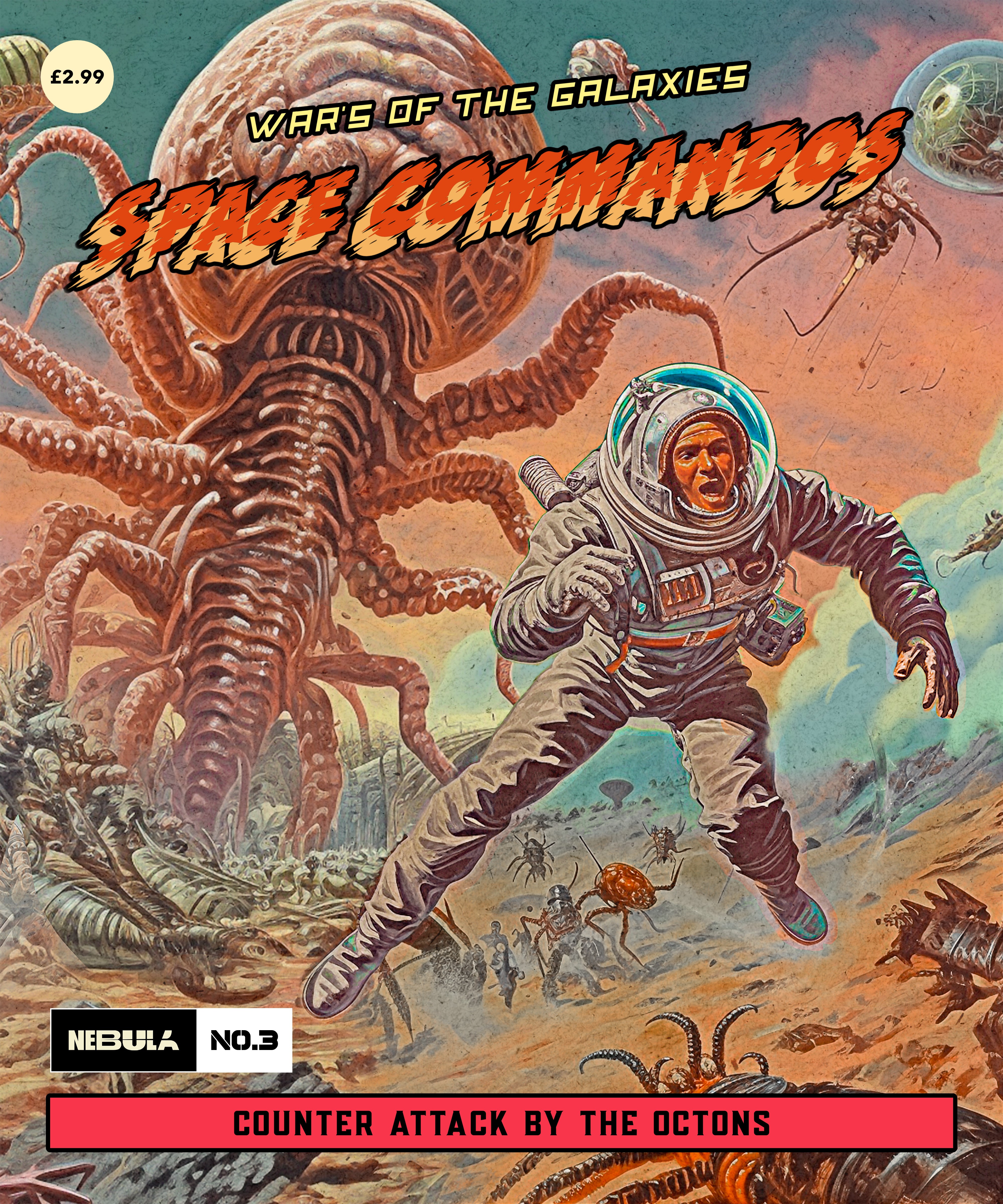 Sci-Fi, Horror, fantasy inspired Comic style posters 'Incredible Voyage', 'Alien Attack', 'Space Commandos' and 'Citizens hunted'.