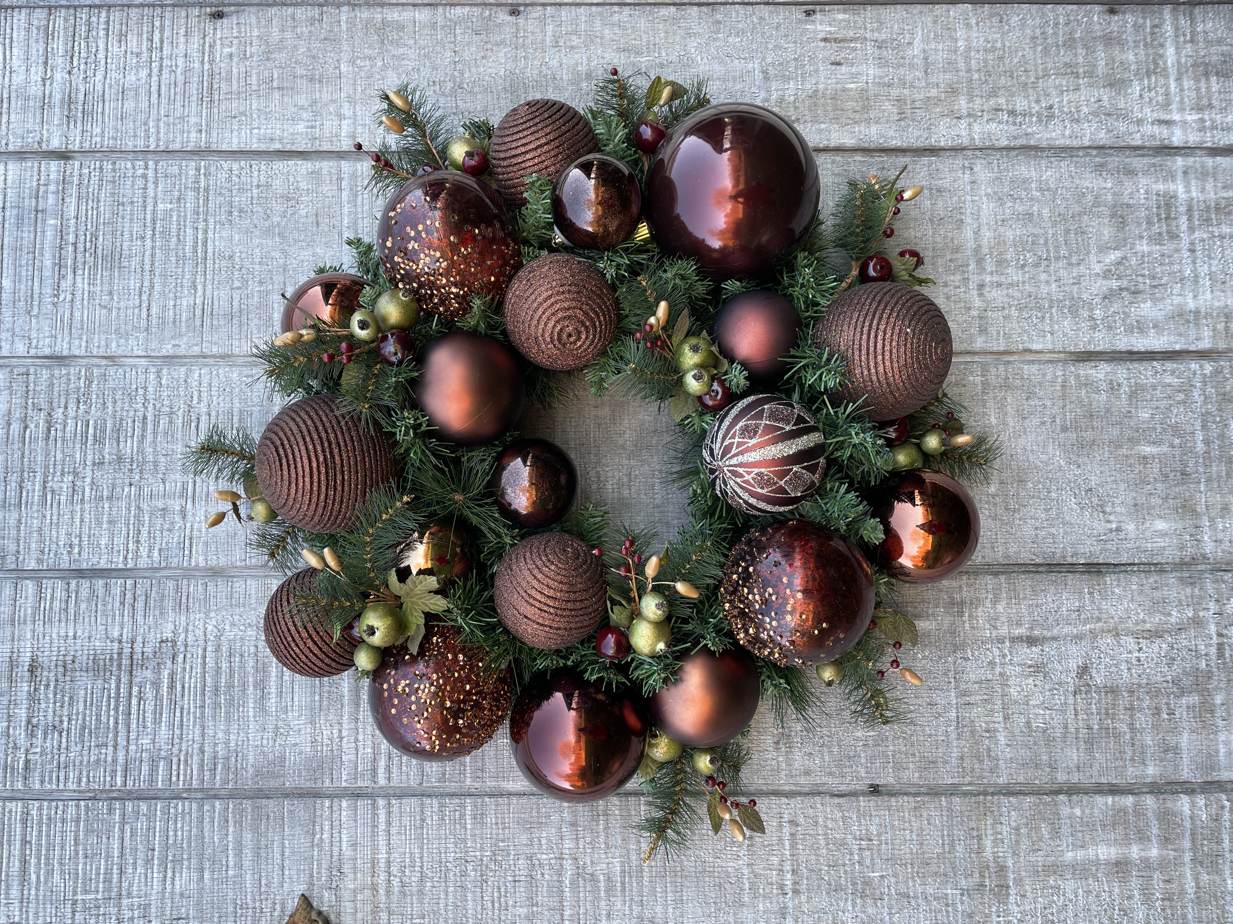 Christmas Ornament wreath, natural colors, shades of brown, Large, sparkling 