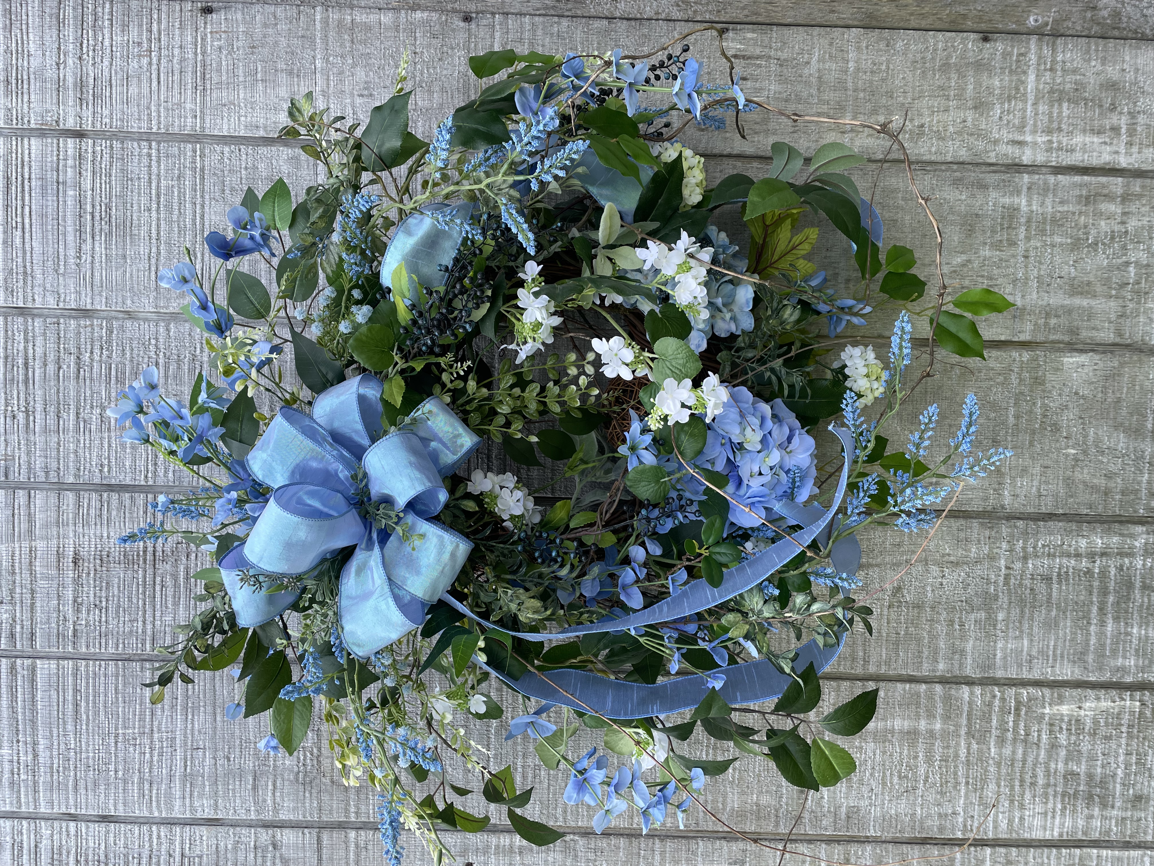Blue hydrangea wreath, Elegant, Romantic, Woodland wedding 