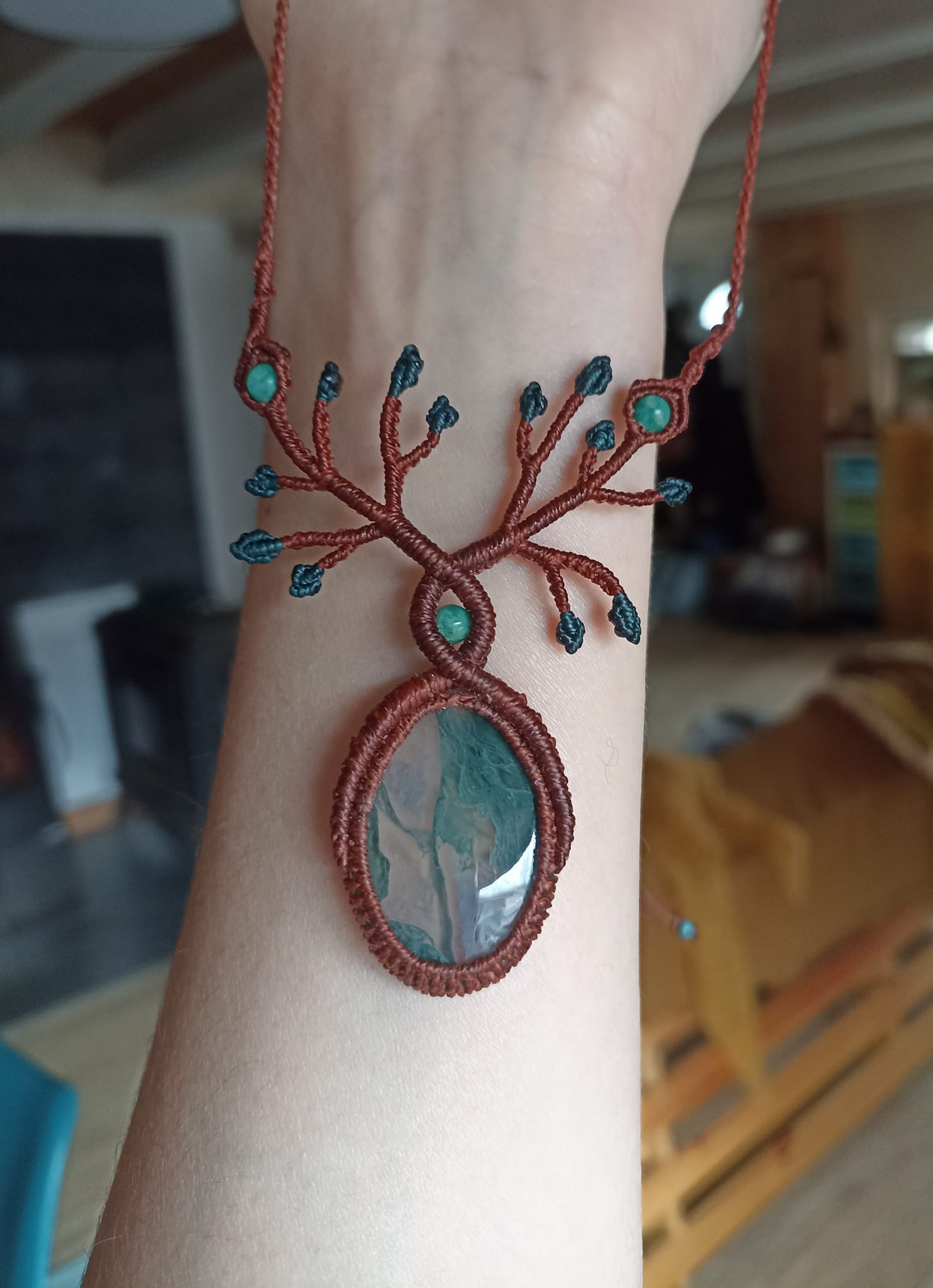 Collier macramé arbre de vie, agate mousse, perles amazonite