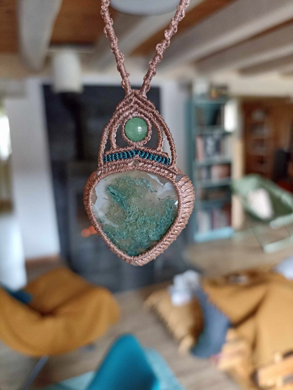 Collier macramé agate mousse, perle aventurine