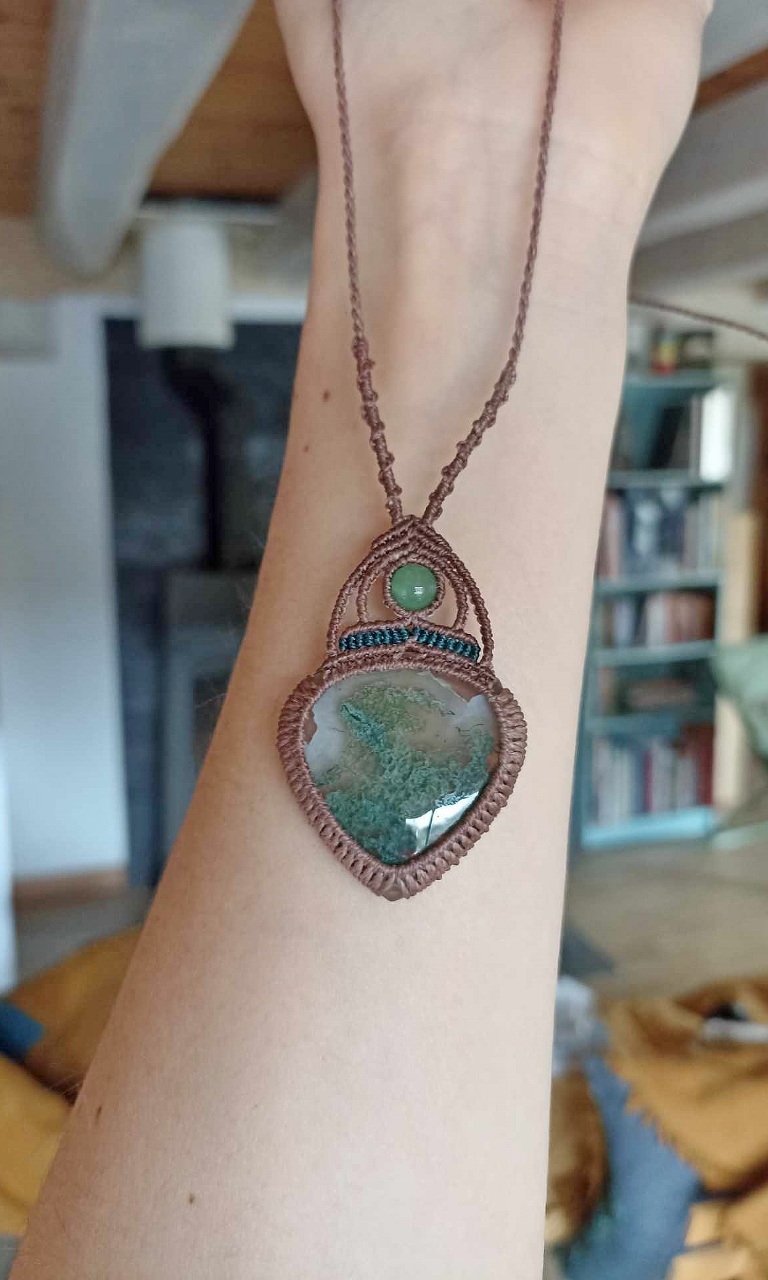 Collier macramé agate mousse, perle aventurine