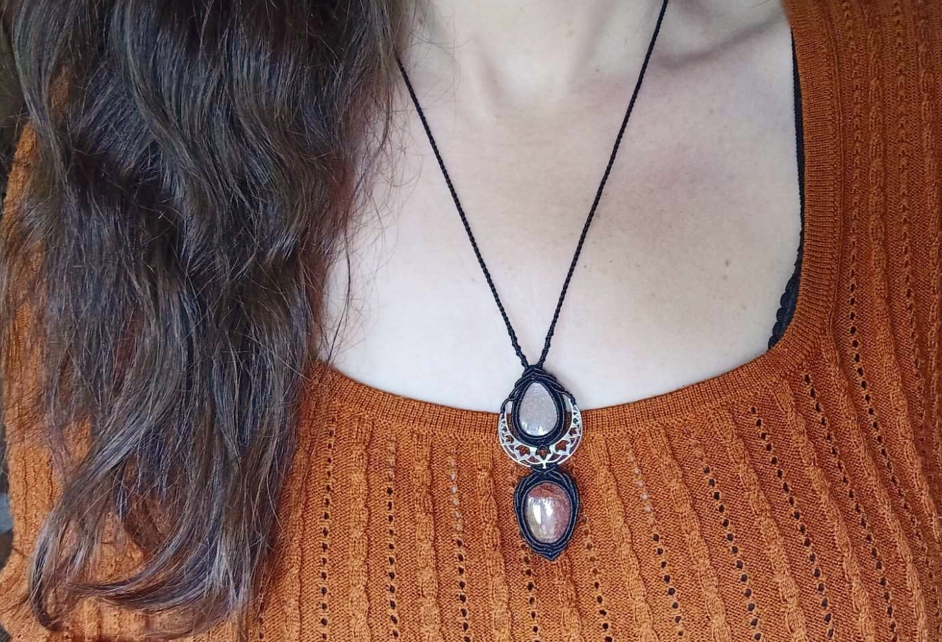 Collier macramé pierre de lune adulaire et pierre de soleil, lune en argent