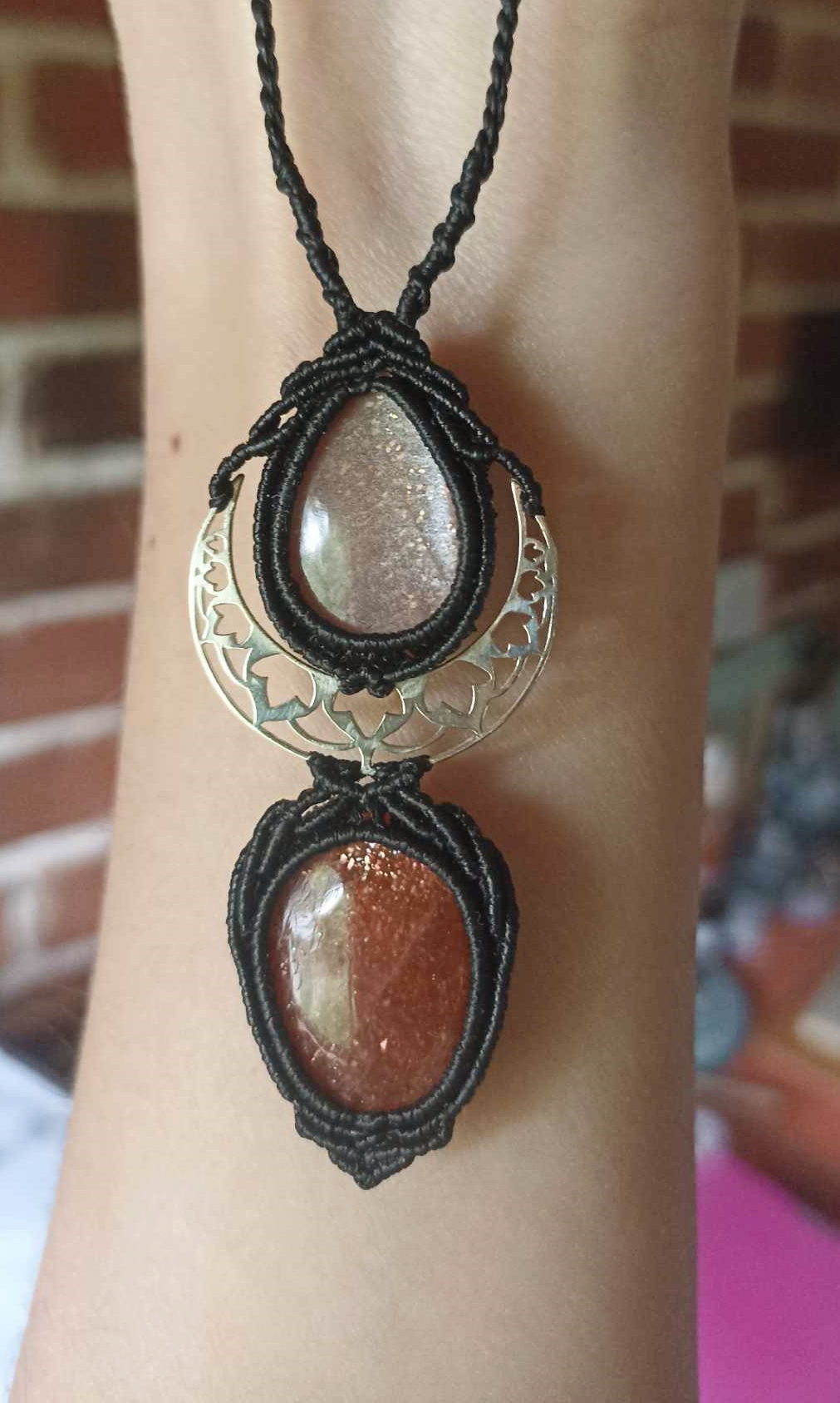 Collier macramé pierre de lune adulaire et pierre de soleil, lune en argent