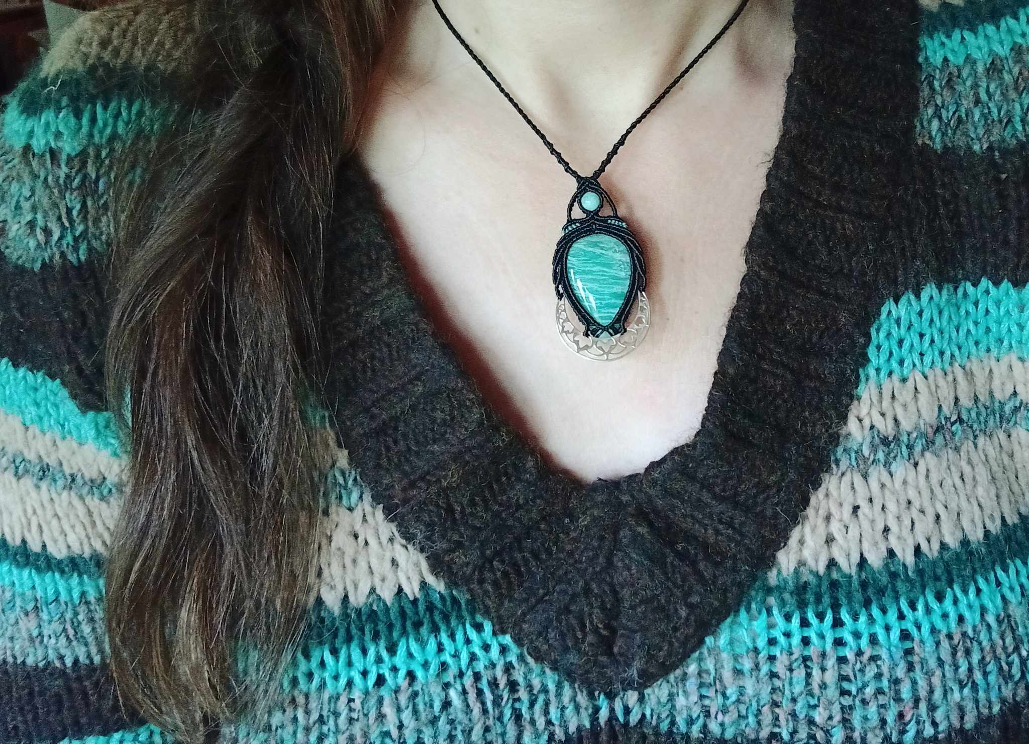 Collier macramé amazonite, lune en argent, perle amazonite