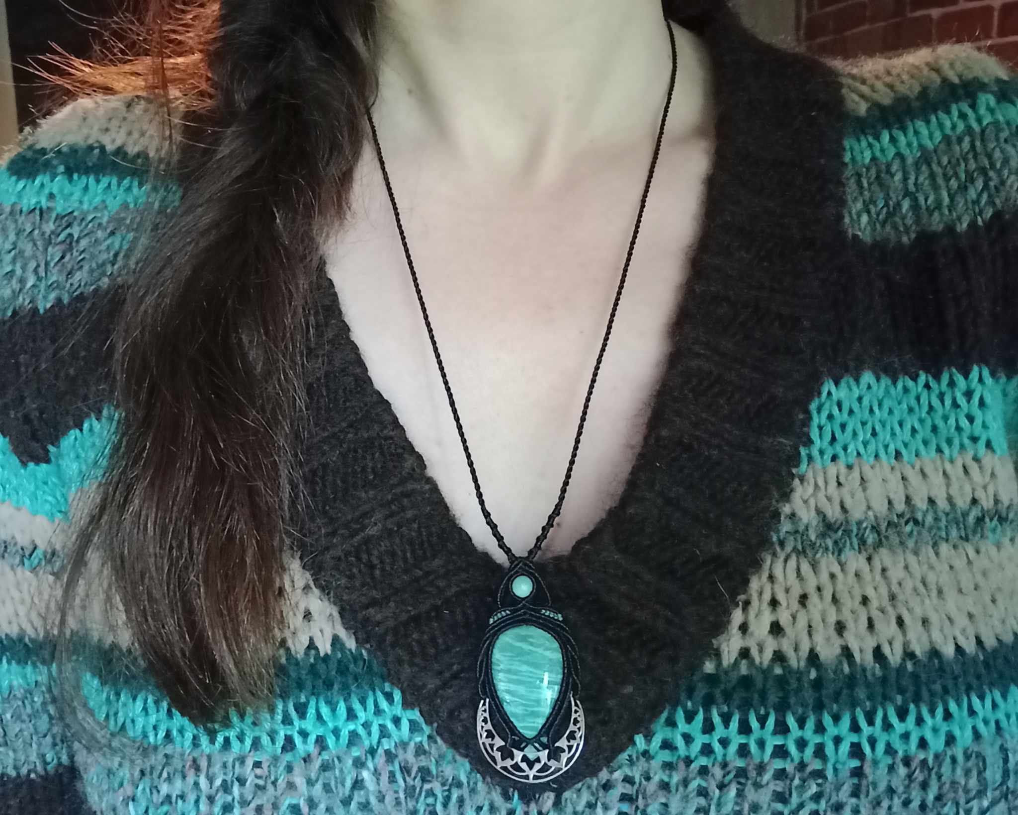 Collier macramé amazonite, lune en argent, perle amazonite