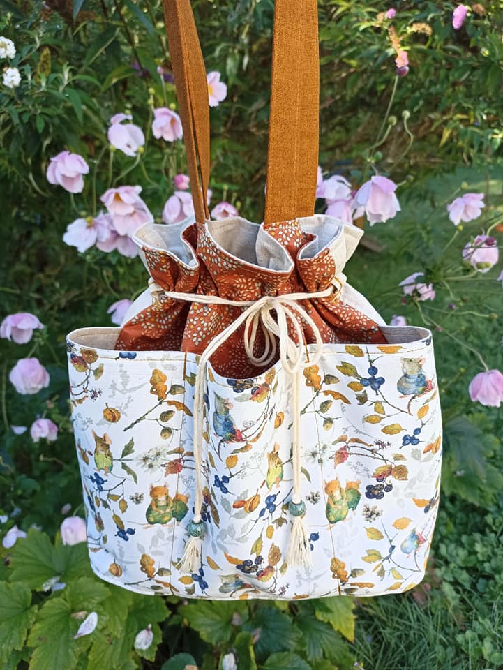 Sac trois poches devant, tissu coton automne, lin, fait main