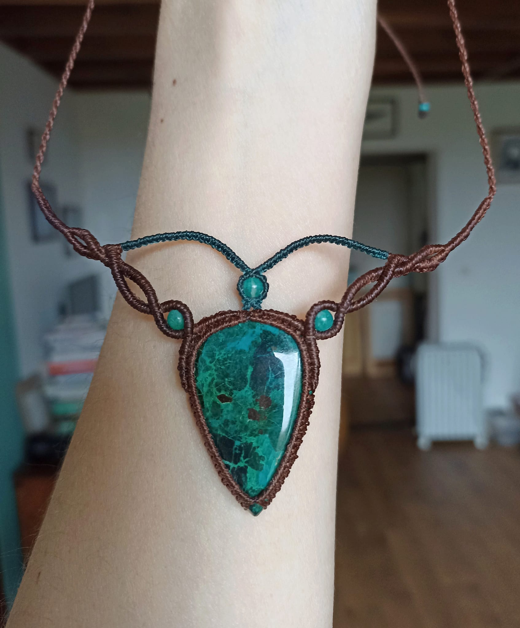 Collier macramé chrysocolle naturelle, perles amazonite